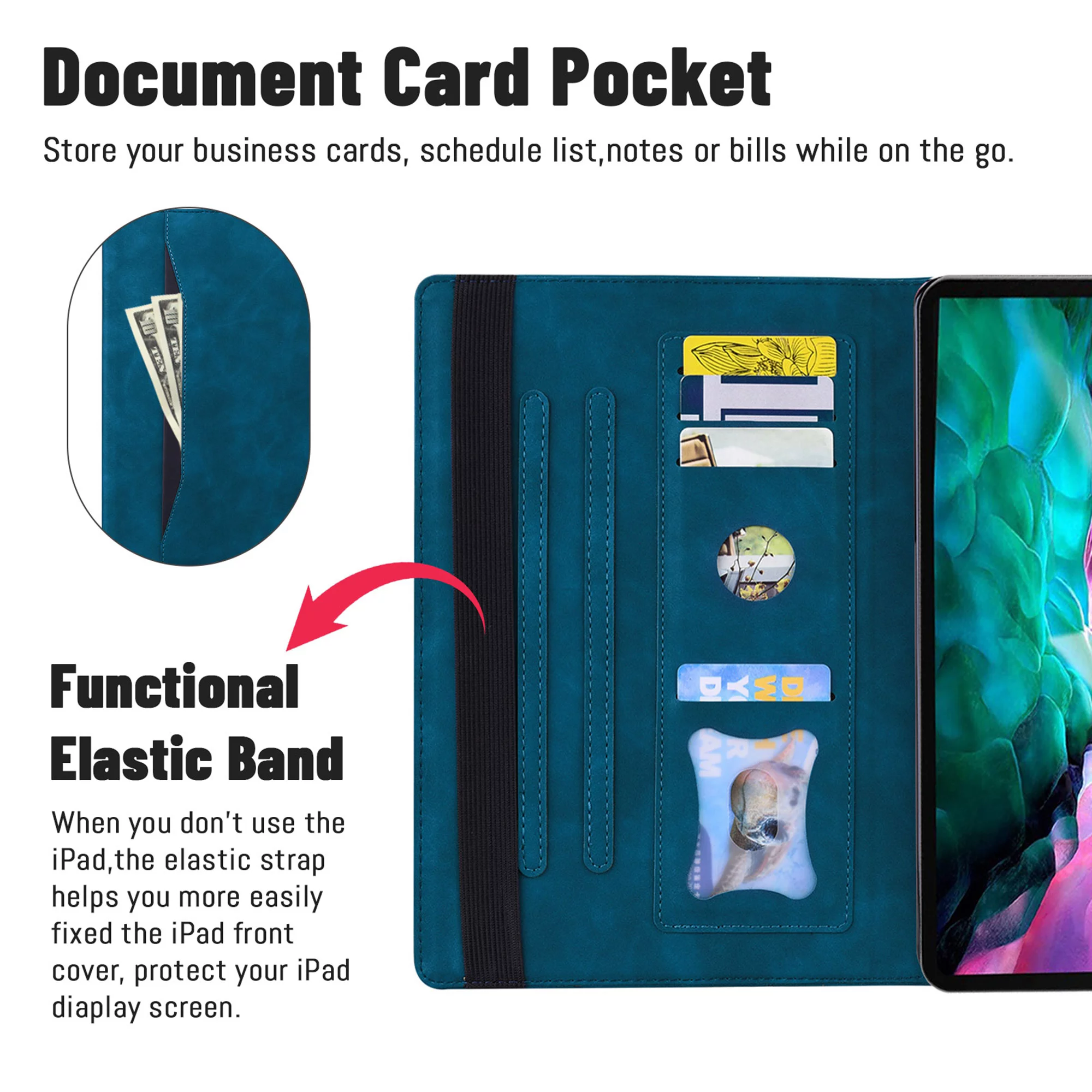 iPad Pro 12.9 2022 Case 6th/5th/4th/3rd Generation Case, Dteck PU Leather with Front Pocket Strap Multiple Viewing Angles Stand Folio Cover with Auto Wake Sleep, Built-in Card Slots, Blue