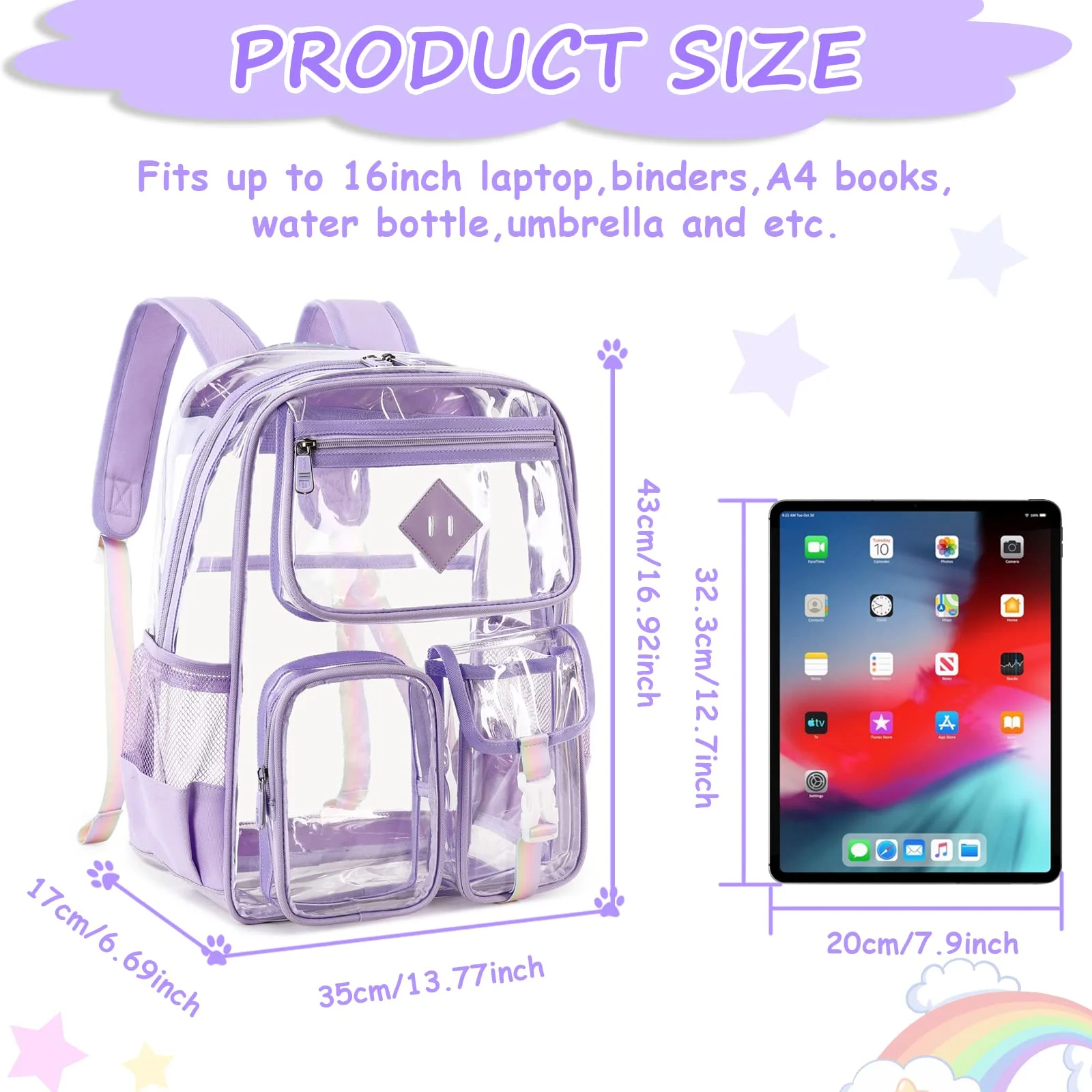 Sanmadrola Large Clear Backpack Heavy Duty Stadium Approved Girls Backpack Waterproof Pvc Transparent Backpacks for Girls Clear Bag with Reinforced Strap for School Work Travel Festival, Purple