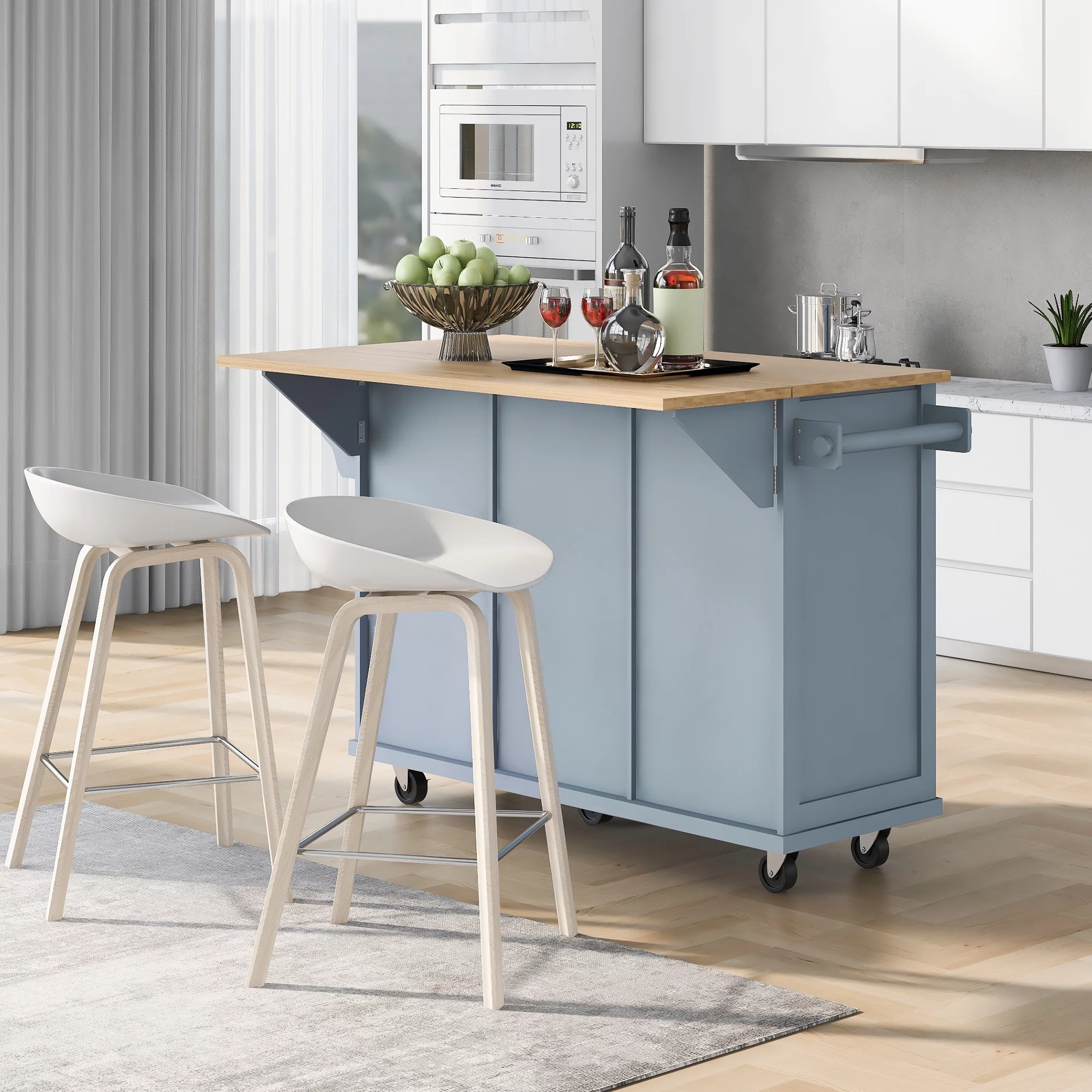 Churanty Kitchen Island with Drop Leaf and Wheels Rolling Kitchen Cart with Storage and Cabinet and 3 Drawers for Dining Room,Blue