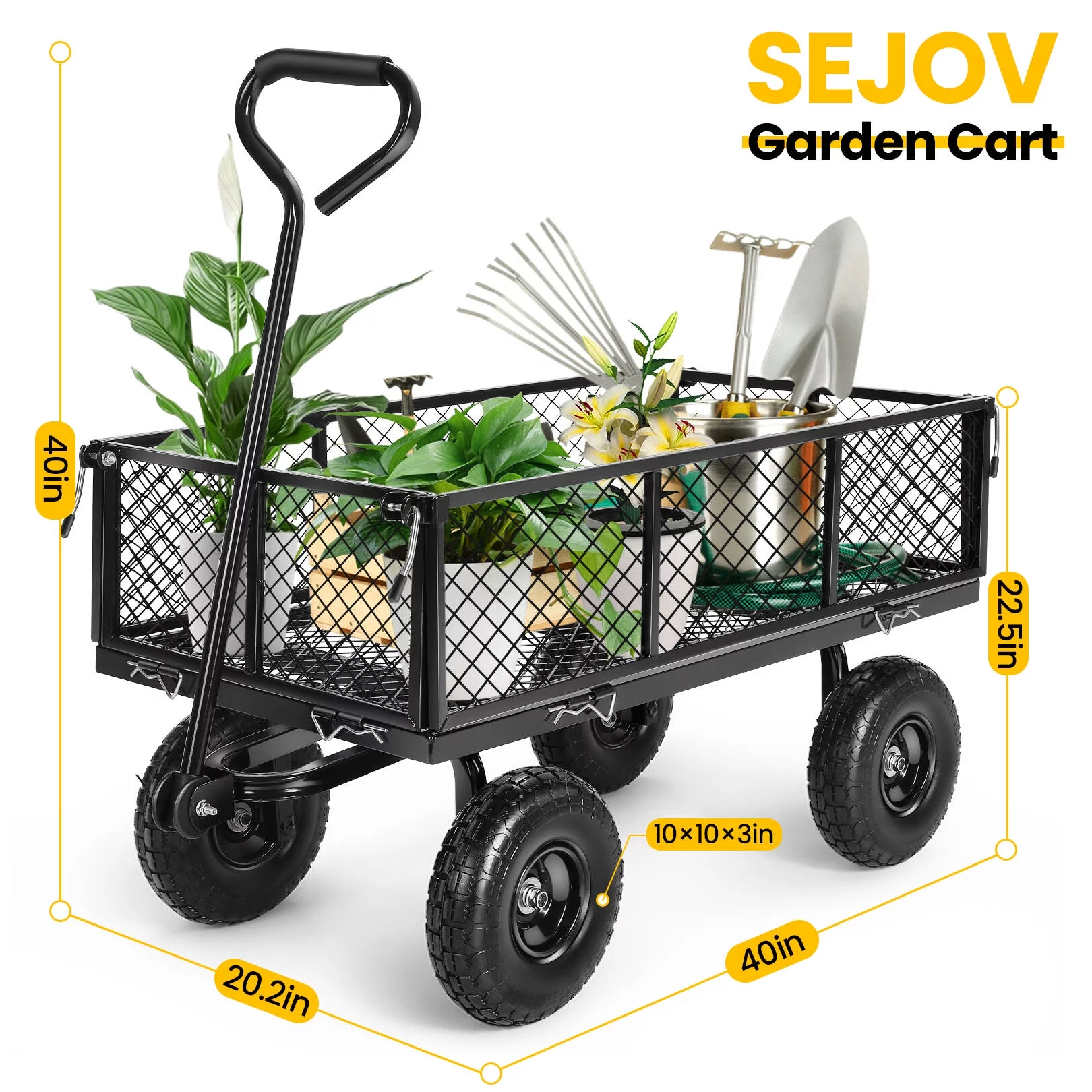 SEJOV Steel Garden Cart, Heavy Duty 660 LBS Capacity, with Removable Mesh Sides to Convert into Flatbed, Utility Metal Wagon with 180° Rotating Handle and 10