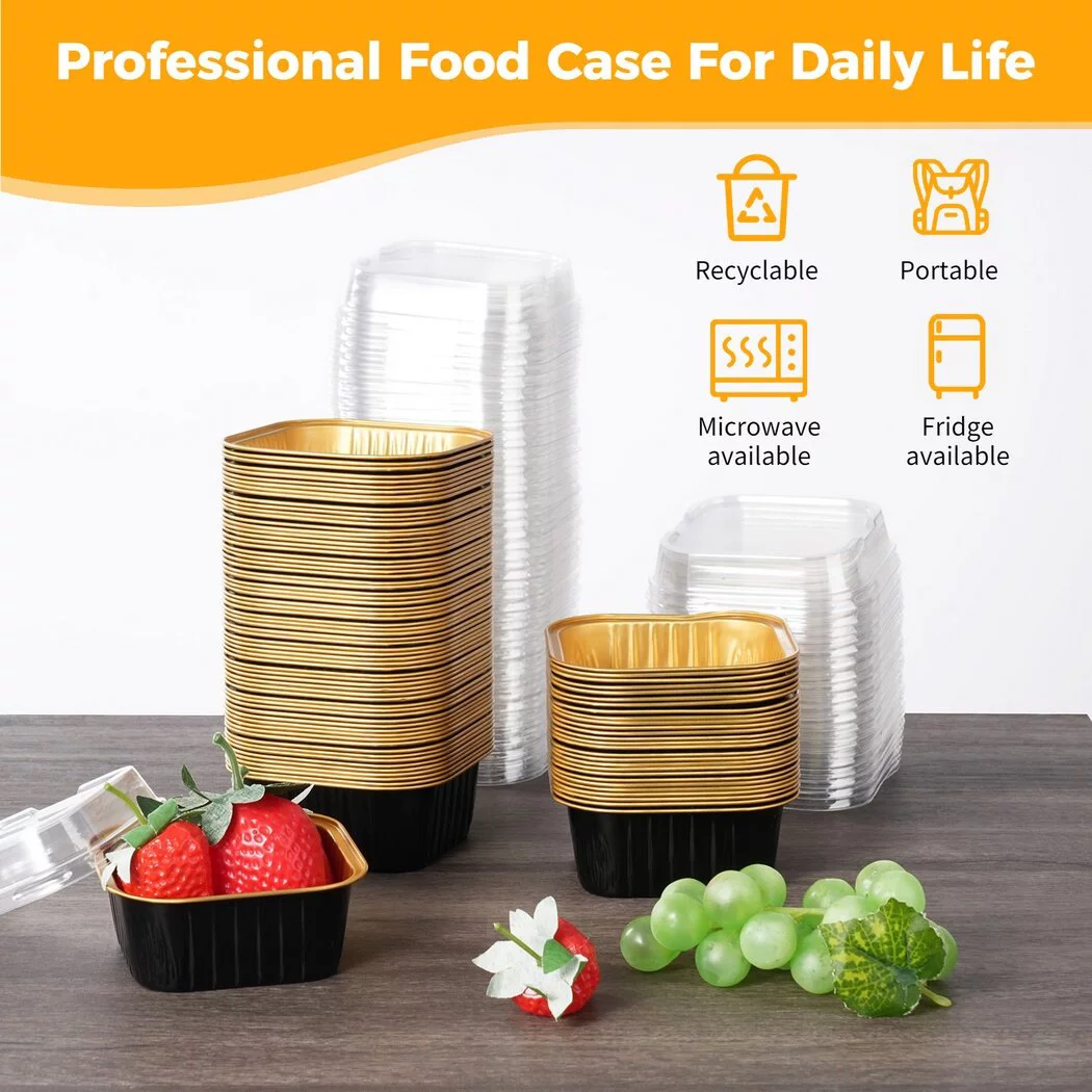 100 PCS Dessert Cups With Lids, Cupcake Liners Aluminum Foil Baking Cup, Disposable Ramekins Muffin Individual Square Cupcake Container, Foil Flan Baking Cups For Party Picnic