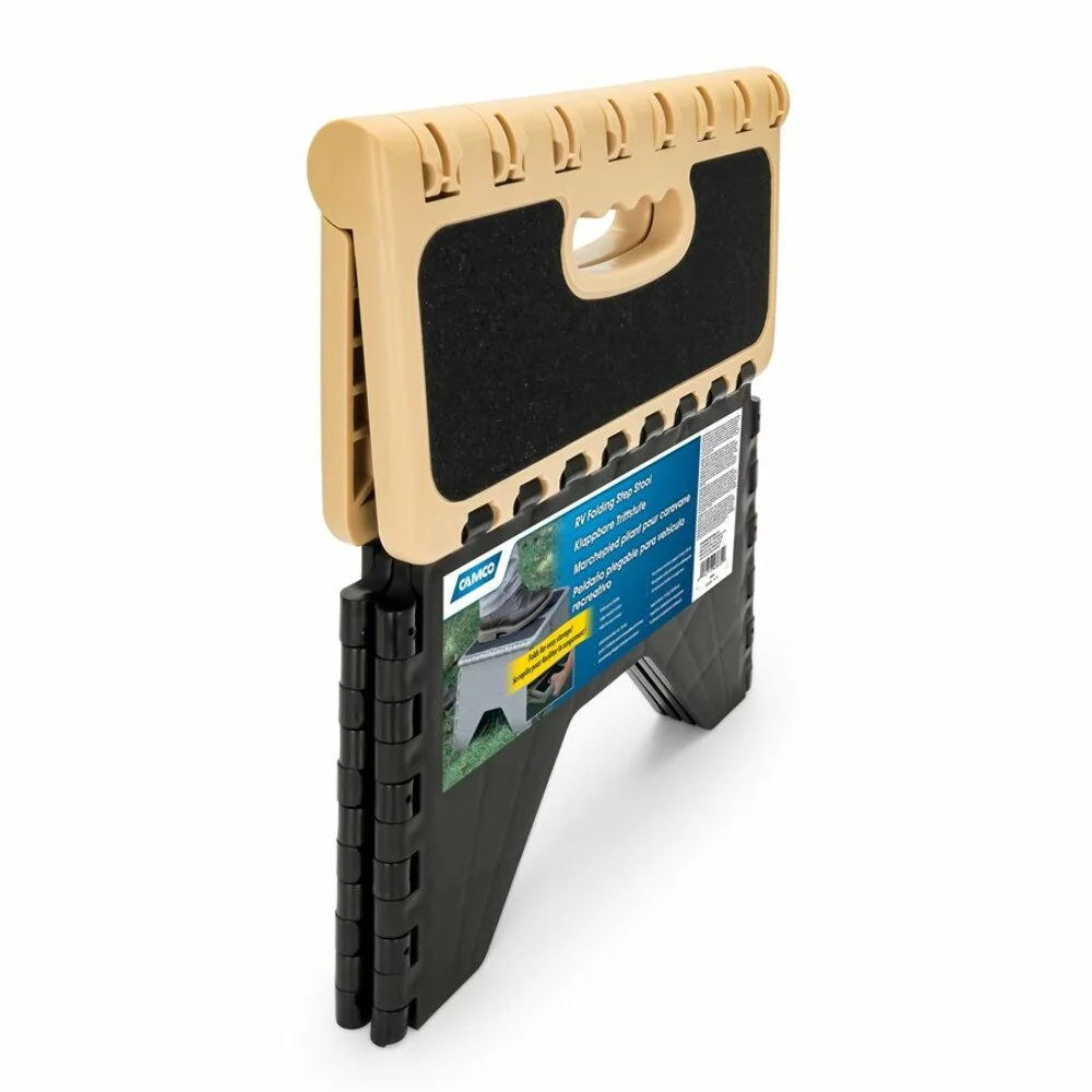 Camco Folding Step Stool | Supports up to 300lbs | Impact resistant Resin, Black and Tan (43638)