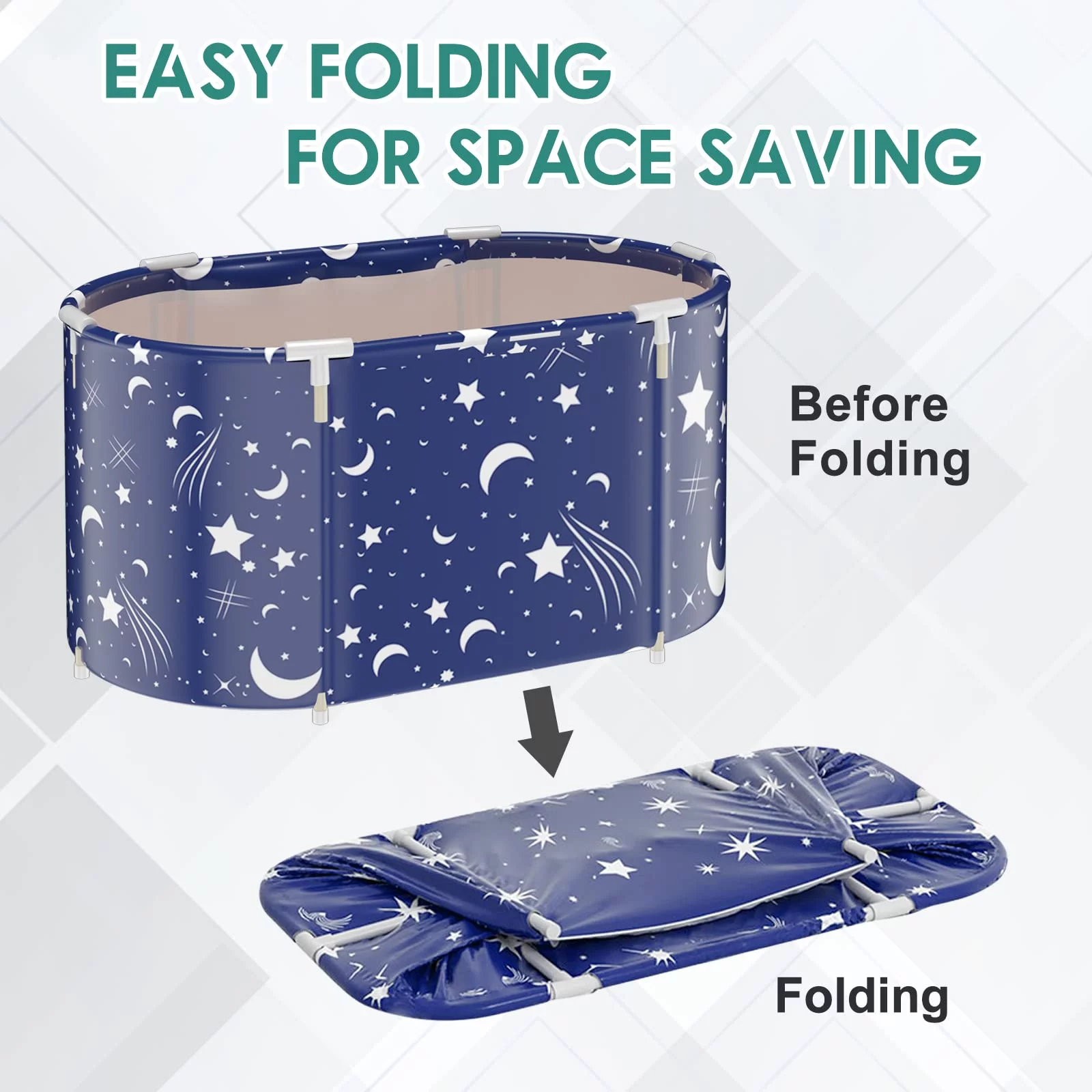 INXTAINER Folding Bathtub for Adult, 47in Large Protable Family APS Tub Foldable Soaking Bathing Shower Tub Kit for 2 Person, Starry Blue