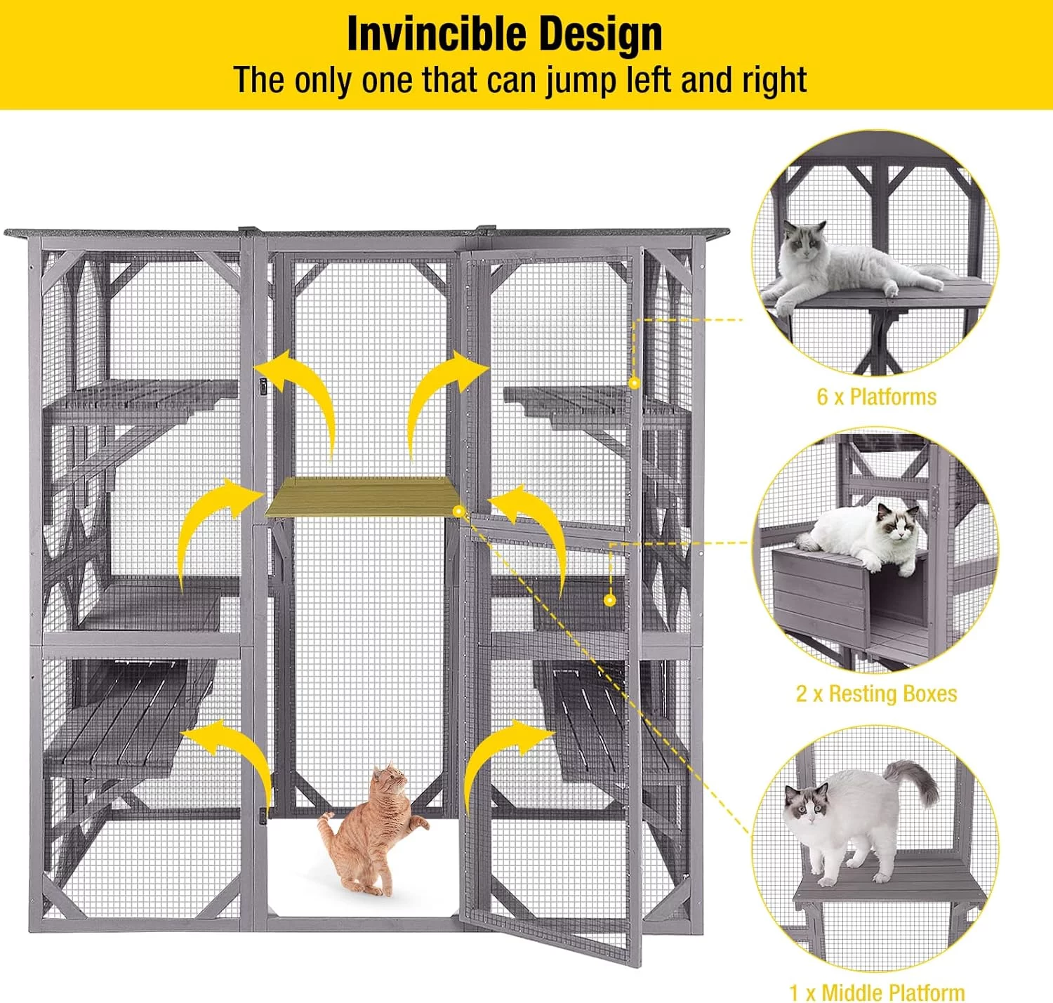 Cat House Outdoor Catio Kitty Enclosure with Super Large Enter Door, Wooden Cat Cage Condo Indoor Playpen with Platforms & Small House-71 Inch