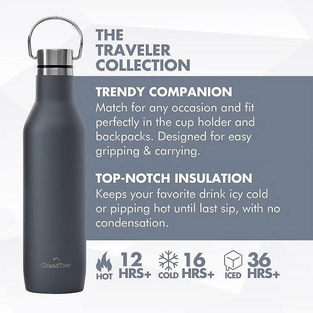 GrandTies Stainless Steel Water Bottles with 2 Lids | Slim Vacuum Insulated Cupholder Flask | Reusable Leak Proof BPA-Free Keep Cold Water bottle for School Gym Travel Sports | 21oz, Stone Gray