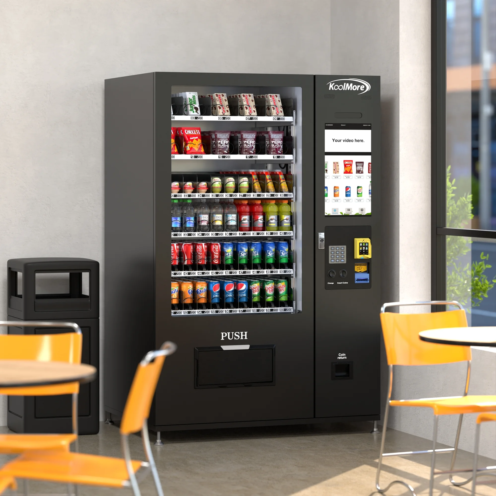 Refrigerated Snack Vending Machine with 60 Slots and 22 Inch Touch Screen With CC Reader and Bill Acceptor in Black (KM-VMRT-50-BR)