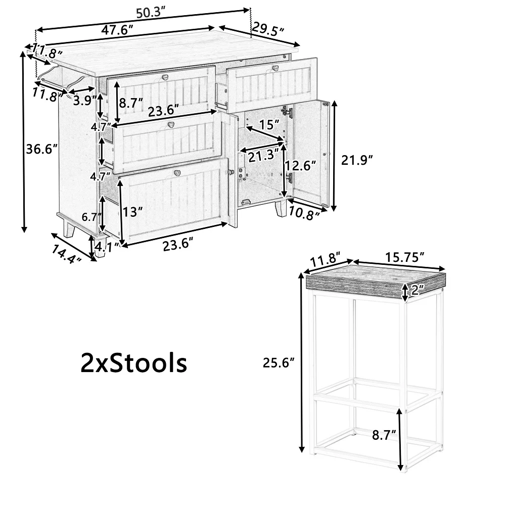 3 Piece Counter Height Kitchen Island Set with Storage Cabinet, Drawers and Towel Rack, Dining Table Set with Drop Leaf and 2 Seatings, Compact Kitchen Table (Blue+Black+Brown)
