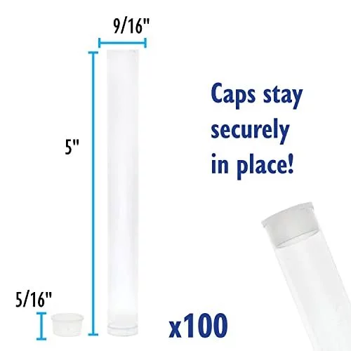 The Beadsmith Clear Plastic Tubes - 5-Inch-Long Round Tubes, 9/16 Inches in Diameter - Flat Caps - Use for Beads, Bath Salts, Wedding & Party Favors, Home or Office Storage - Bag of 100