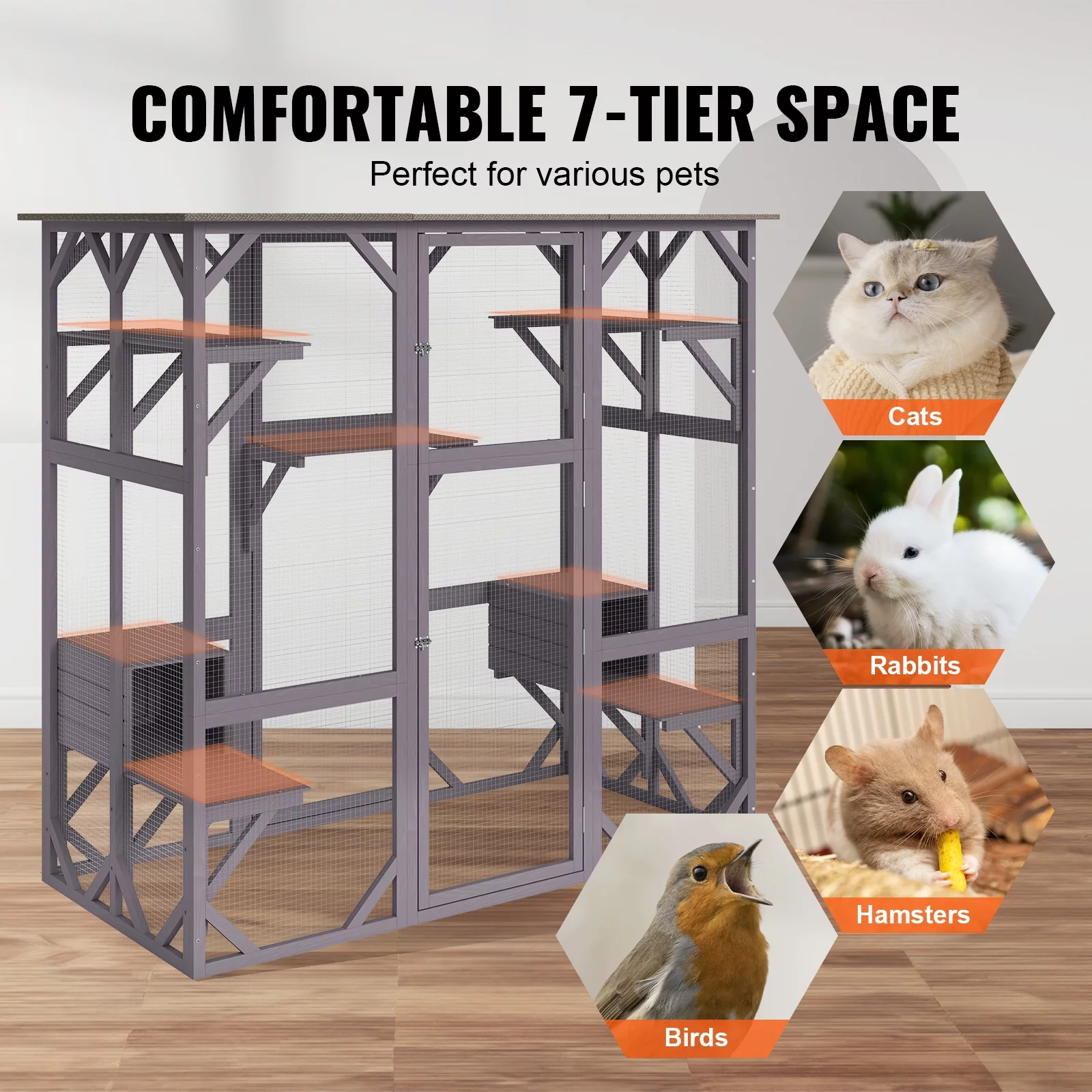 SKYSHALO Cat House Outdoor, 7-Tier Large Catio, Cat Enclosure with 5 Platforms, 2 Resting Boxes & Large Front Door, 71.2 x 34.6 x 66.5 inch