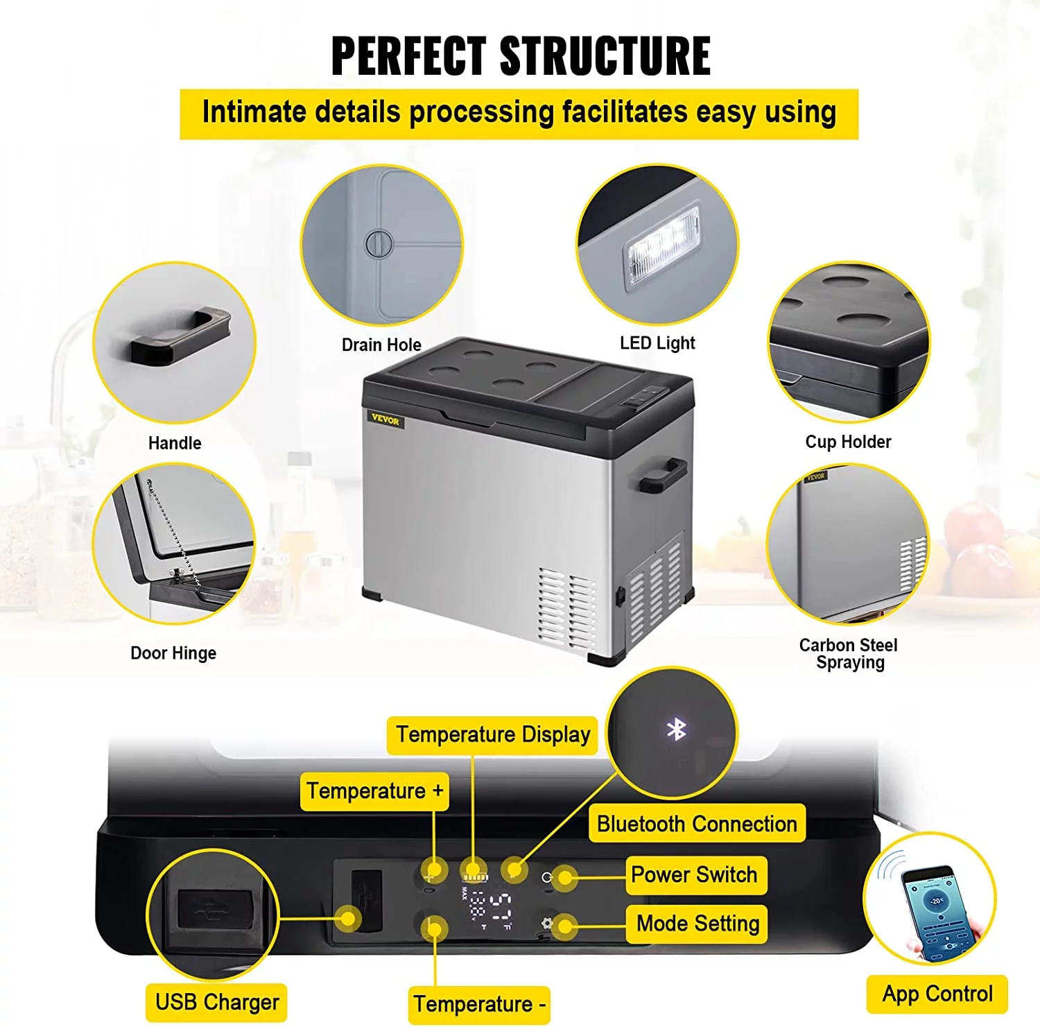 Vevor  12V Refrigerator with APP Control Car Compressor Fridge Cooler 12-24V DC &110-220V AC for Camping