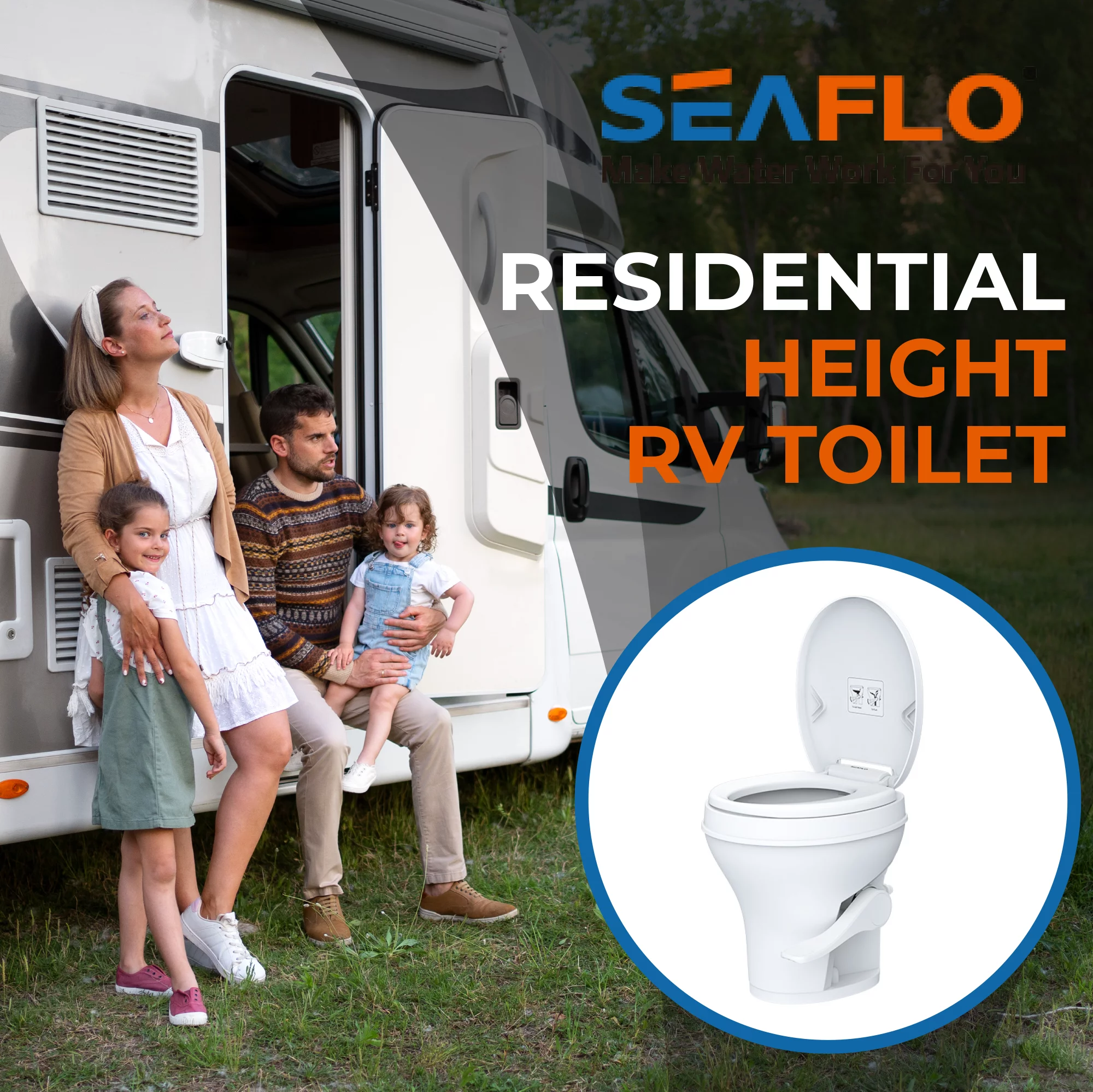 SEAFLO RV Toilet - Standard Height, Gravity Flush, Foot Pedal, Soft Close Lid