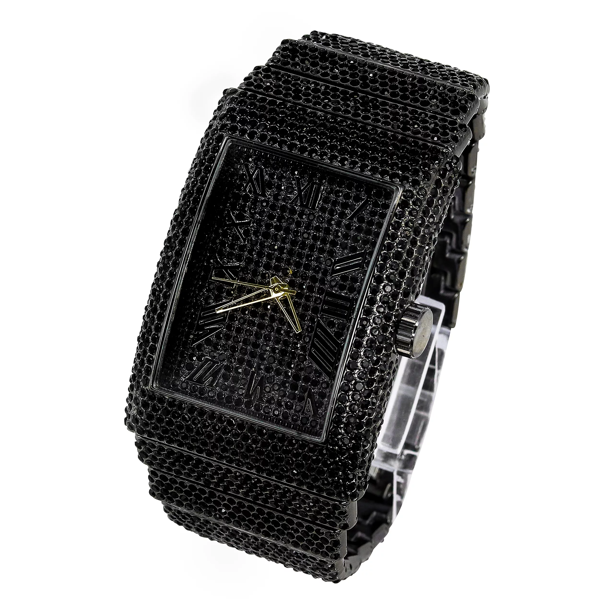 Men's Rectangle Iced Out Diamond Watch - Brilliant Crystals, Bling-ed Out Roman Dial, Iced Bezel - Fully Iced Out Band with Adjustable Sizing - Gun Black Finish - Luxury Timepiece