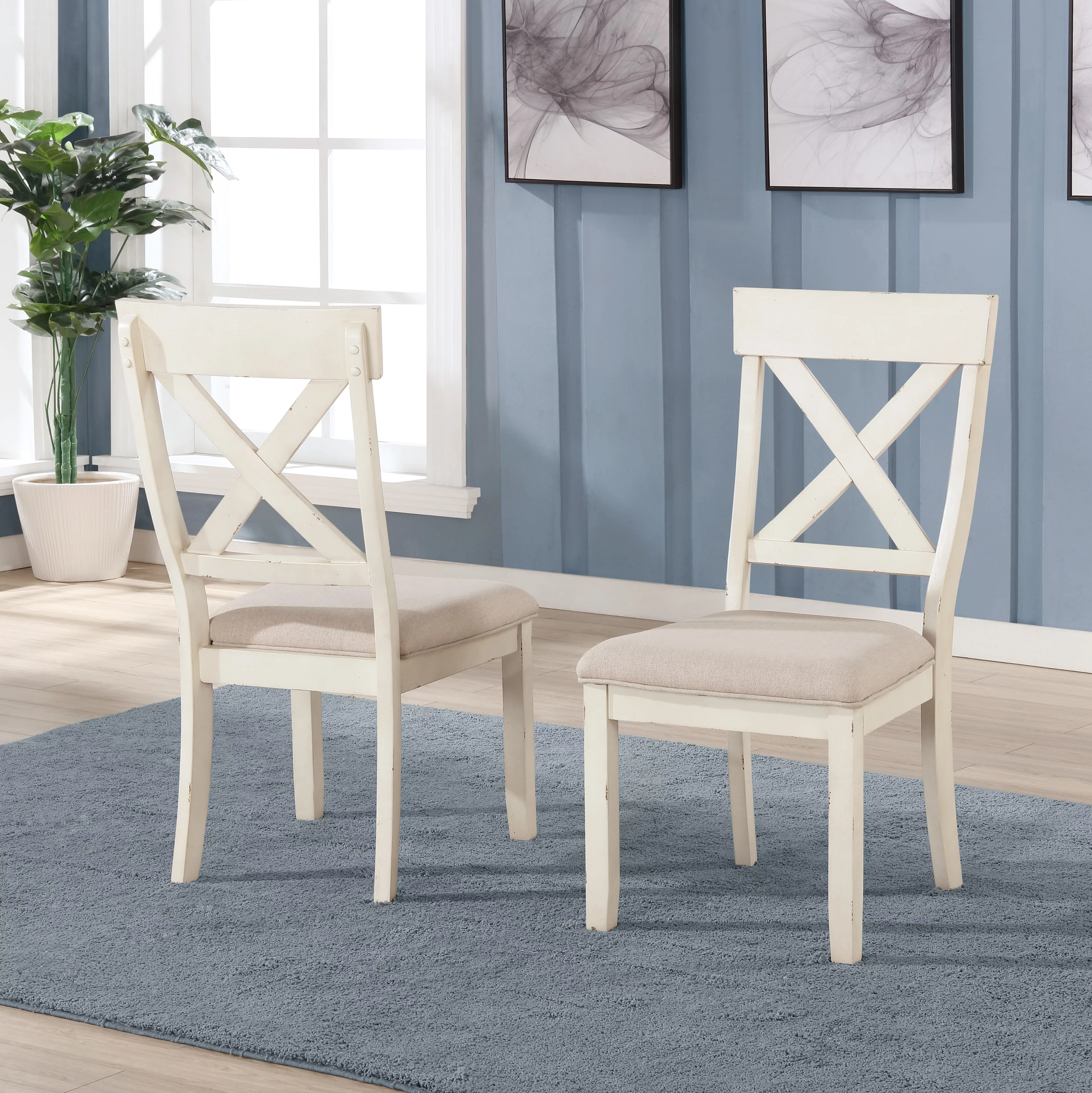 Roundhill Furniture Prato 6-piece Dining Table Set With Cross Back Chairs and Bench, Antique White and Distressed Oak