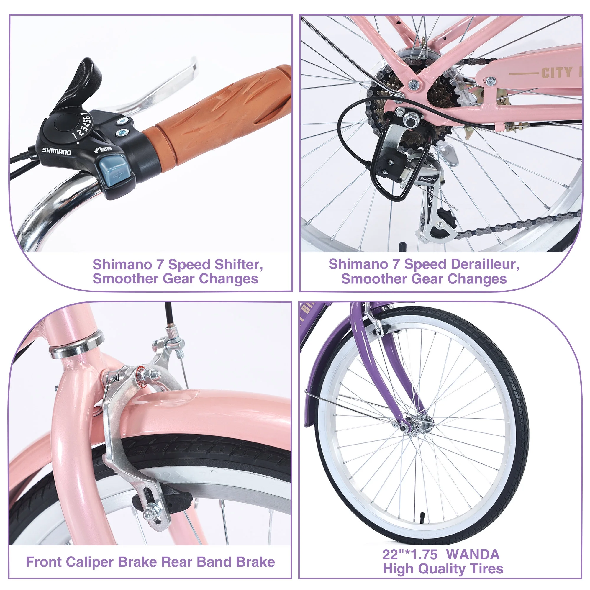 22 Inch Womens Beach Cruiser Bike, City Bike 7 Speeds Steel Frame with Rear Rack, Commuter Bicycle Purple