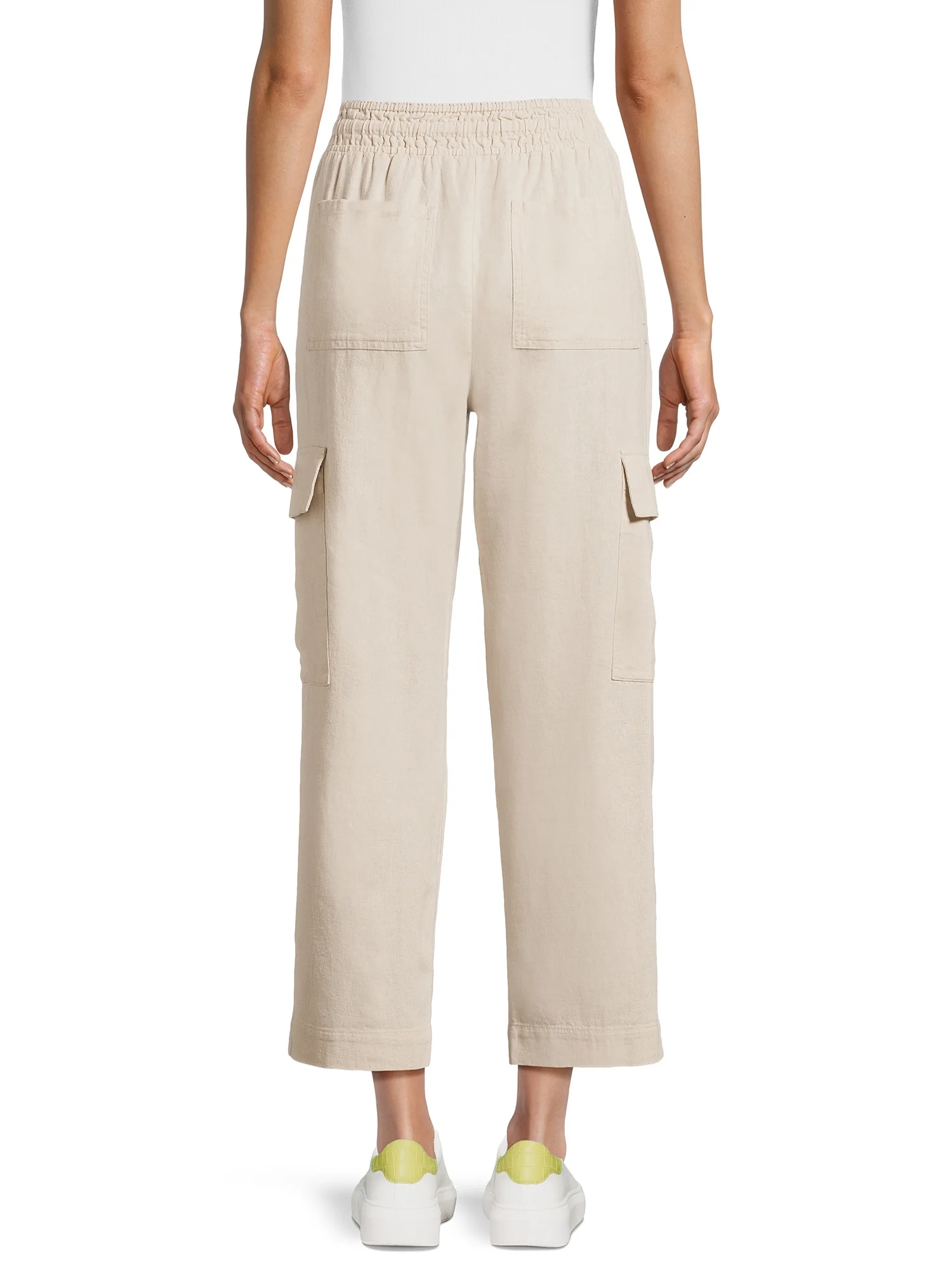 Time and Tru Women's High Rise Pull on with Drawstring Straight Leg Cargo Linen Pants, 27