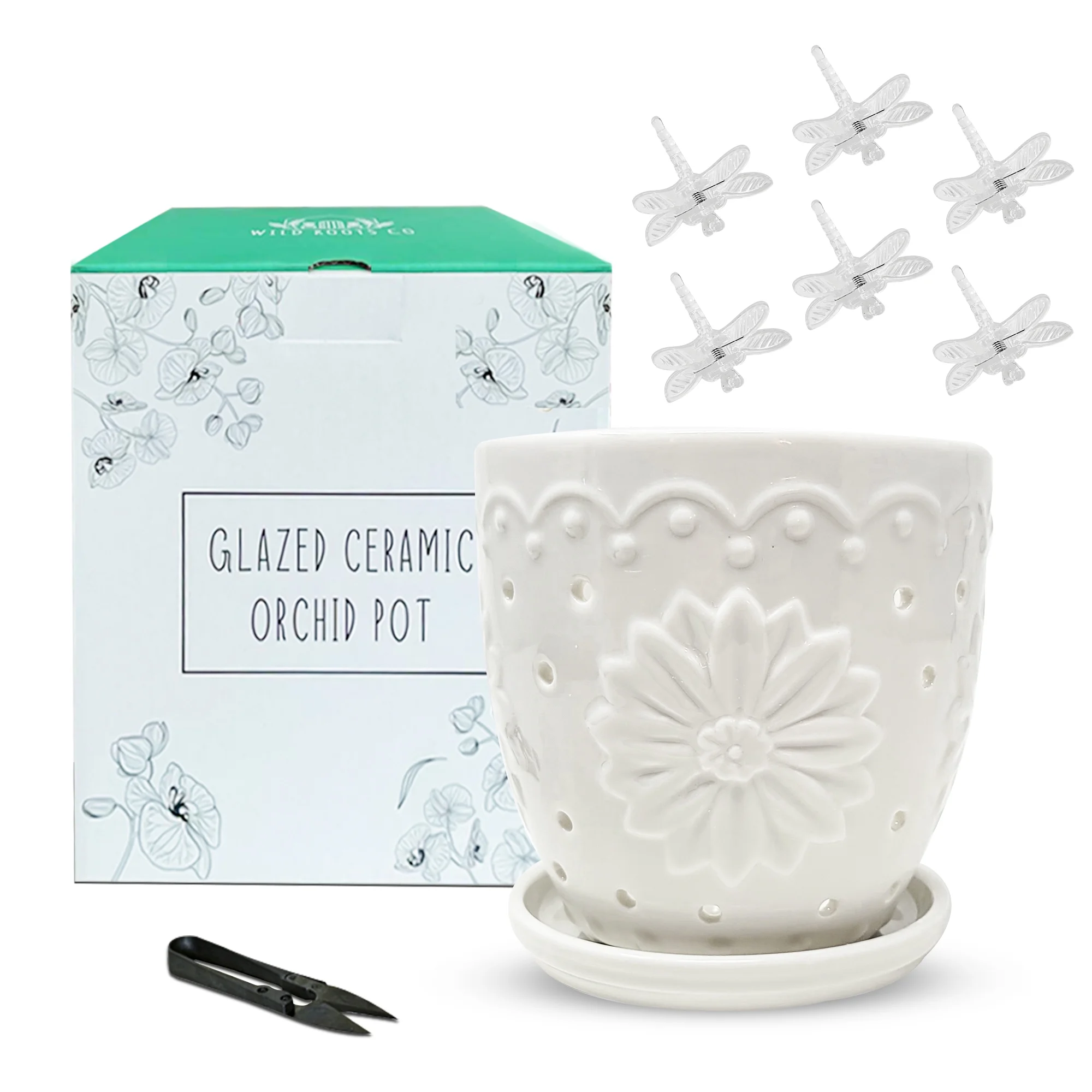 WILD ROOTS CO Ceramic Orchid Pot with Holes for repotting. Includes Steel tip prunning Scissors and six Transparent Dragonfly Orchid Clips.