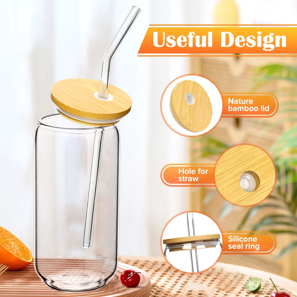 Drinking Glasses with Bamboo Lids and Glass Straw 4 Sets - 16oz Can Shaped Glass Cups, Beer Glasses, Iced Coffee Glasses, Cute Tumbler Cup, Ideal for Cocktail, Whiskey, Gift - 2 Cleaning Brushes