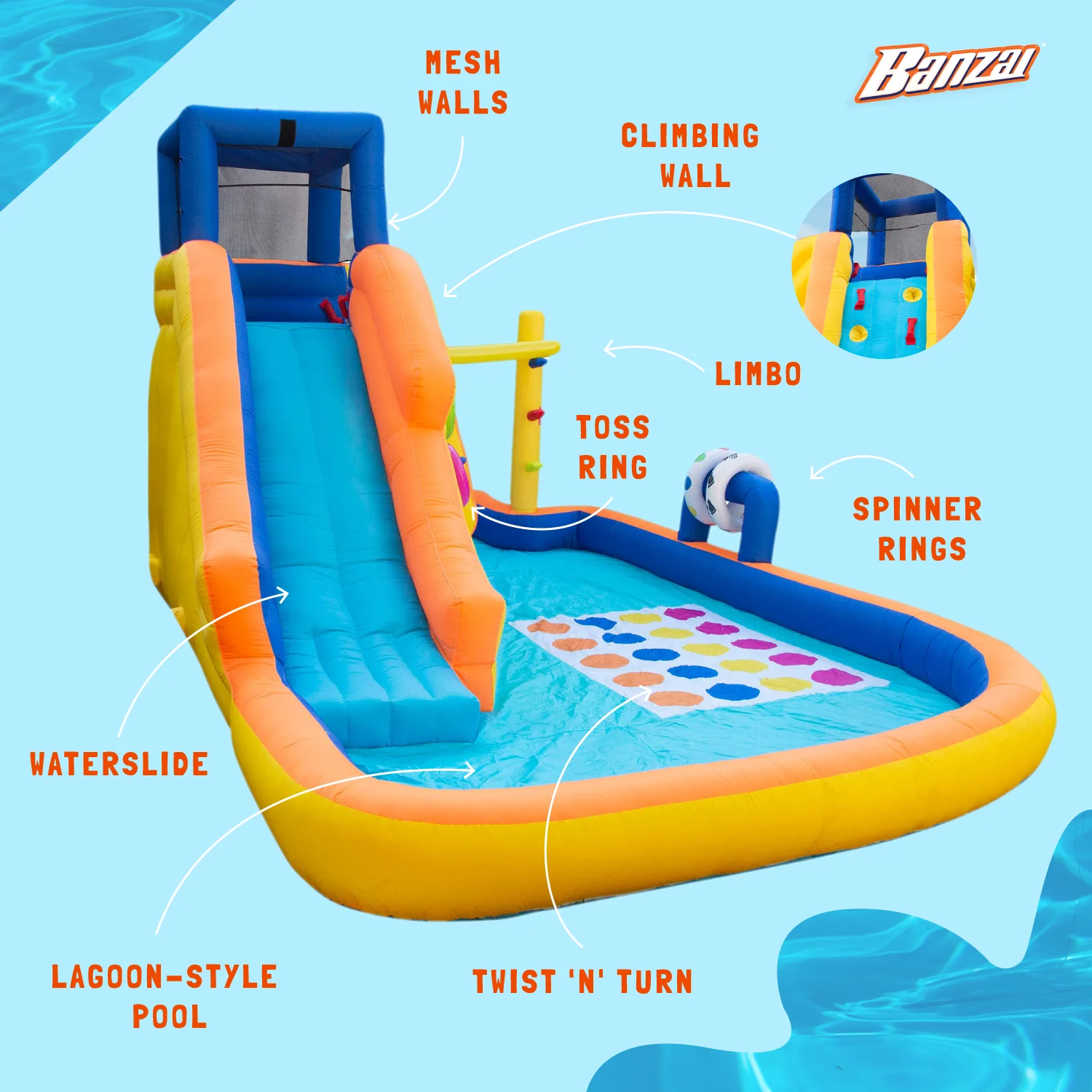 Banzai Inflatable Bouncer Water Game Park with Twister, Limbo, & Ring Toss