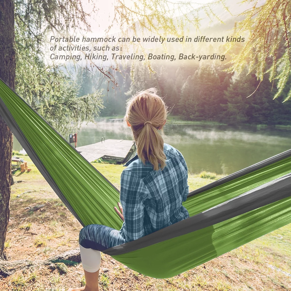 Forbidden Road Hammock Single Double Camping Lightweight Portable Hammock for Outdoor Hiking Travel Backpacking - Nylon Hammock Swing - Support 400lbs（Green & Gray
