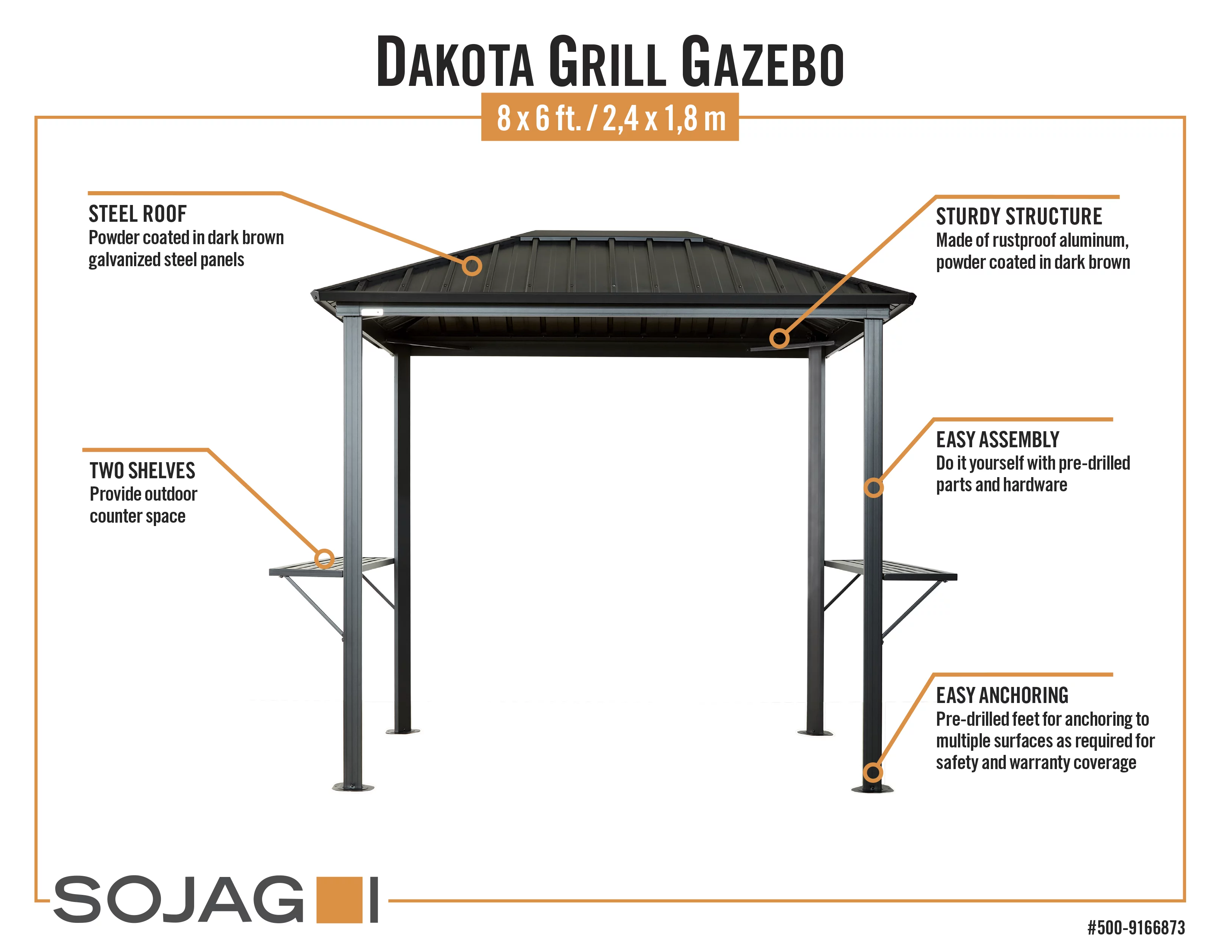 Sojag Dakota Grill Gazebo 6 x 8-Durable and Corrosion Resistant Aluminum Frame, Brown