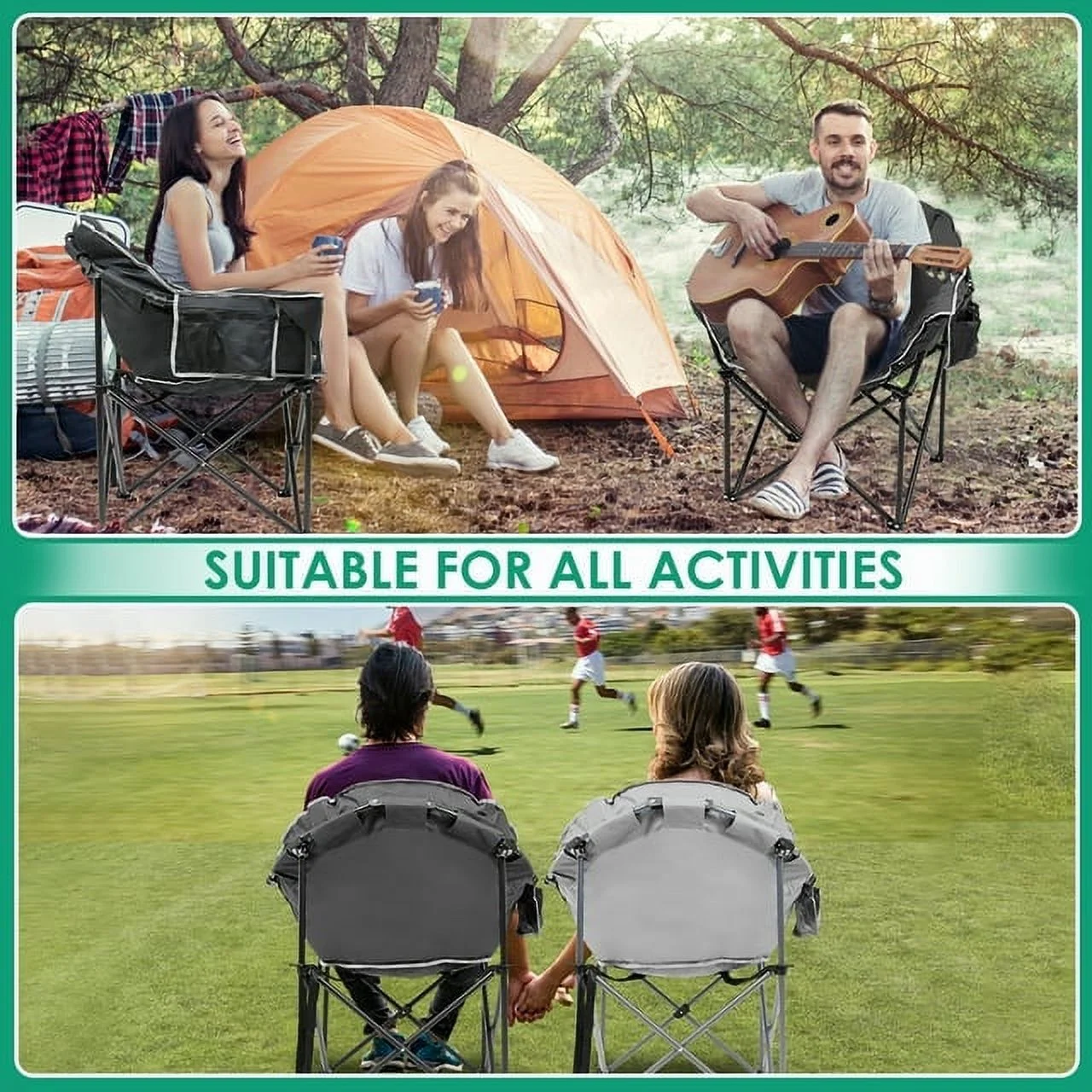 ABORON Oversized Folding Camping Chair, Padded Moon Round Chair for Adults, Foldable Saucer Recliner with Cup Holder & Carry Bag, Supports up to 500lbs
