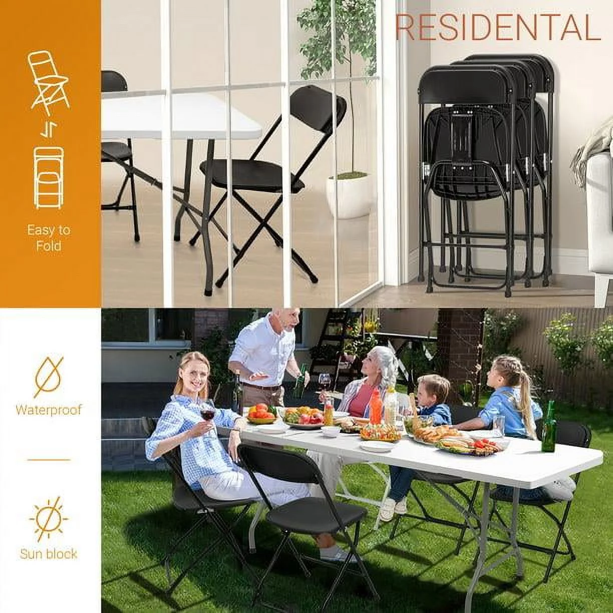 UBesGoo 10 Pack Plastic Folding Chairs Wedding Banquet Seat Party Event Chair for Concert, Music Festival, Holiday, Plastic Dining Chair, Black