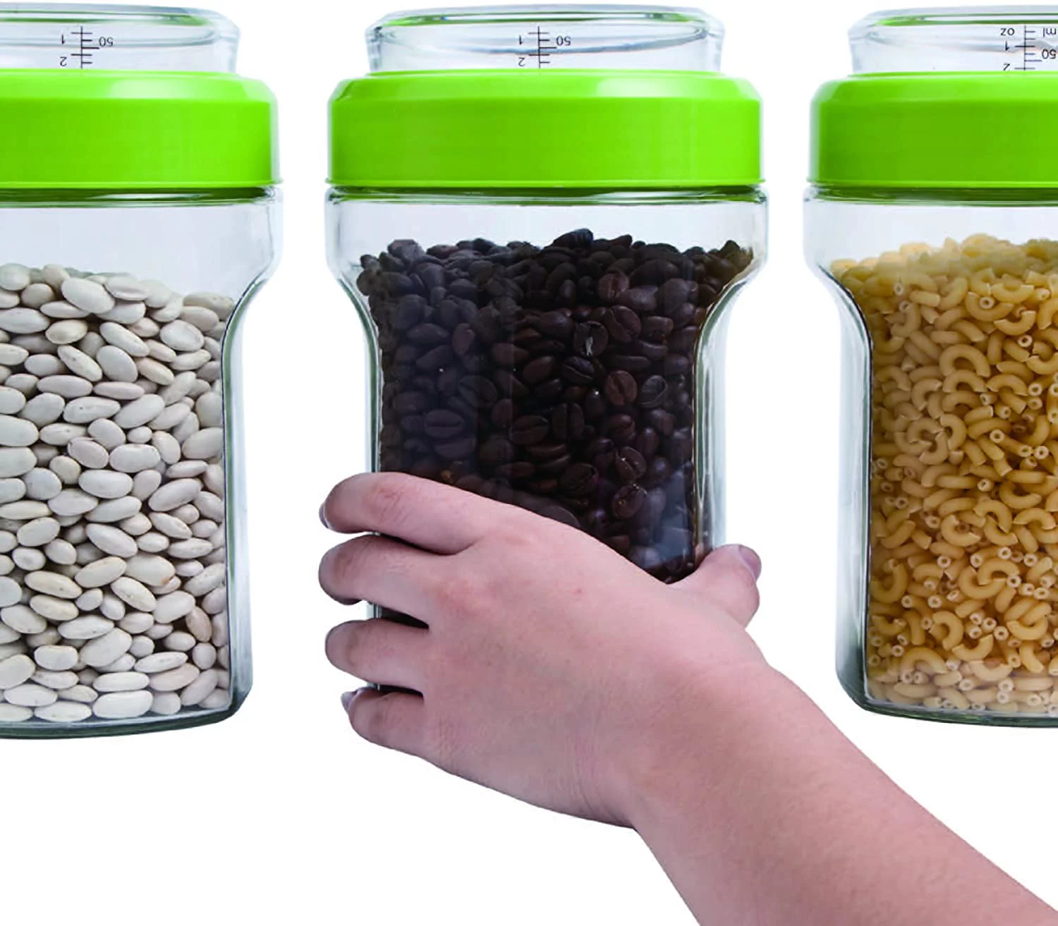 Elemental Kitchen Glass Jar Food Storage Container Set w/ Stainless Steel Measuring Cup Lids - 3 Piece Set