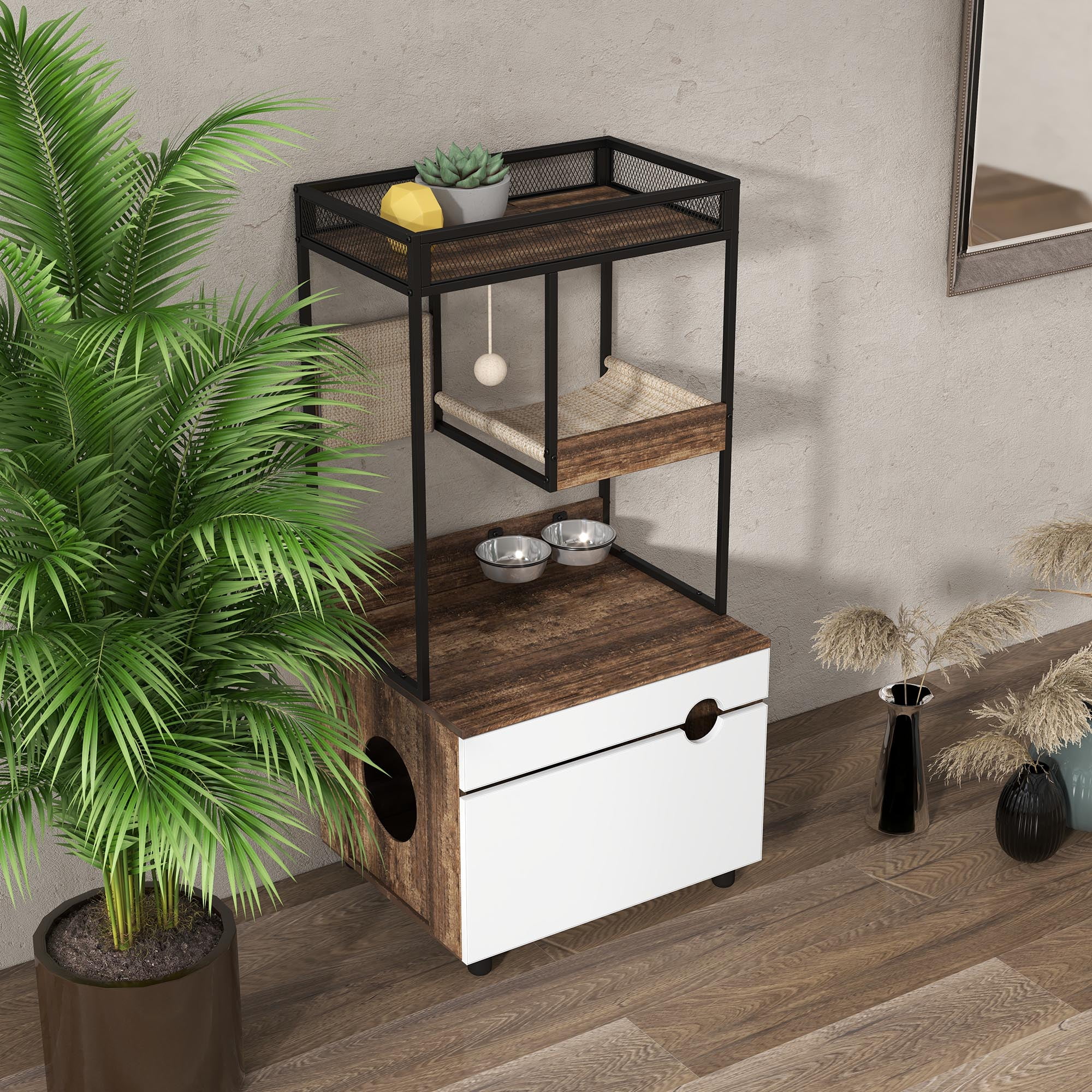 Hidden Cat Litter Box Enclosures with Cat Tree Tower, Cat Furniture with Scratching Pads and Large Storage Space, Industrial Cat Cabinet with Shelves and Doors, Rustic Brown