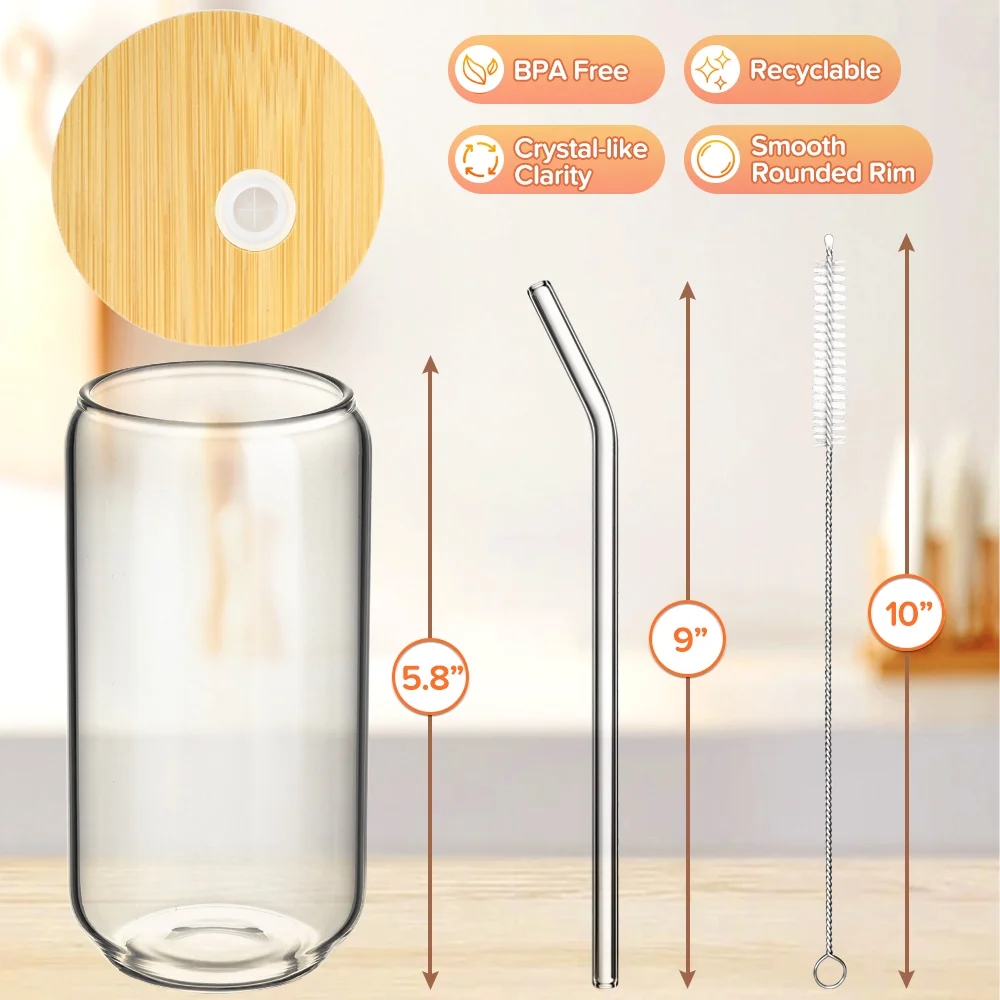 Drinking Glasses with Bamboo Lids and Glass Straw 4 Sets - 16oz Can Shaped Glass Cups, Beer Glasses, Iced Coffee Glasses, Cute Tumbler Cup, Ideal for Cocktail, Whiskey, Gift - 2 Cleaning Brushes
