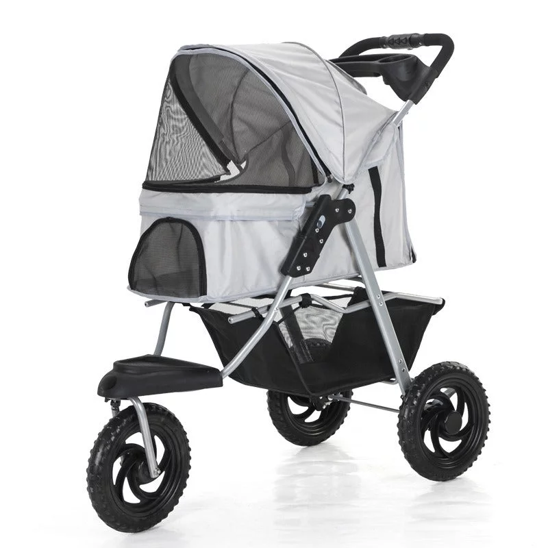 Three Wheel Folding Pet Stroller, Dog Jogger Travel Cats Carrier Adjustable Canopy Storage Brake Mesh Window - Black