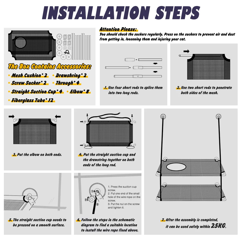 Petbobi Cat Window Perches 2 Layered Hammock Cat Bed up to 55 lb, 20'' x 12'' x 26.4'', Black