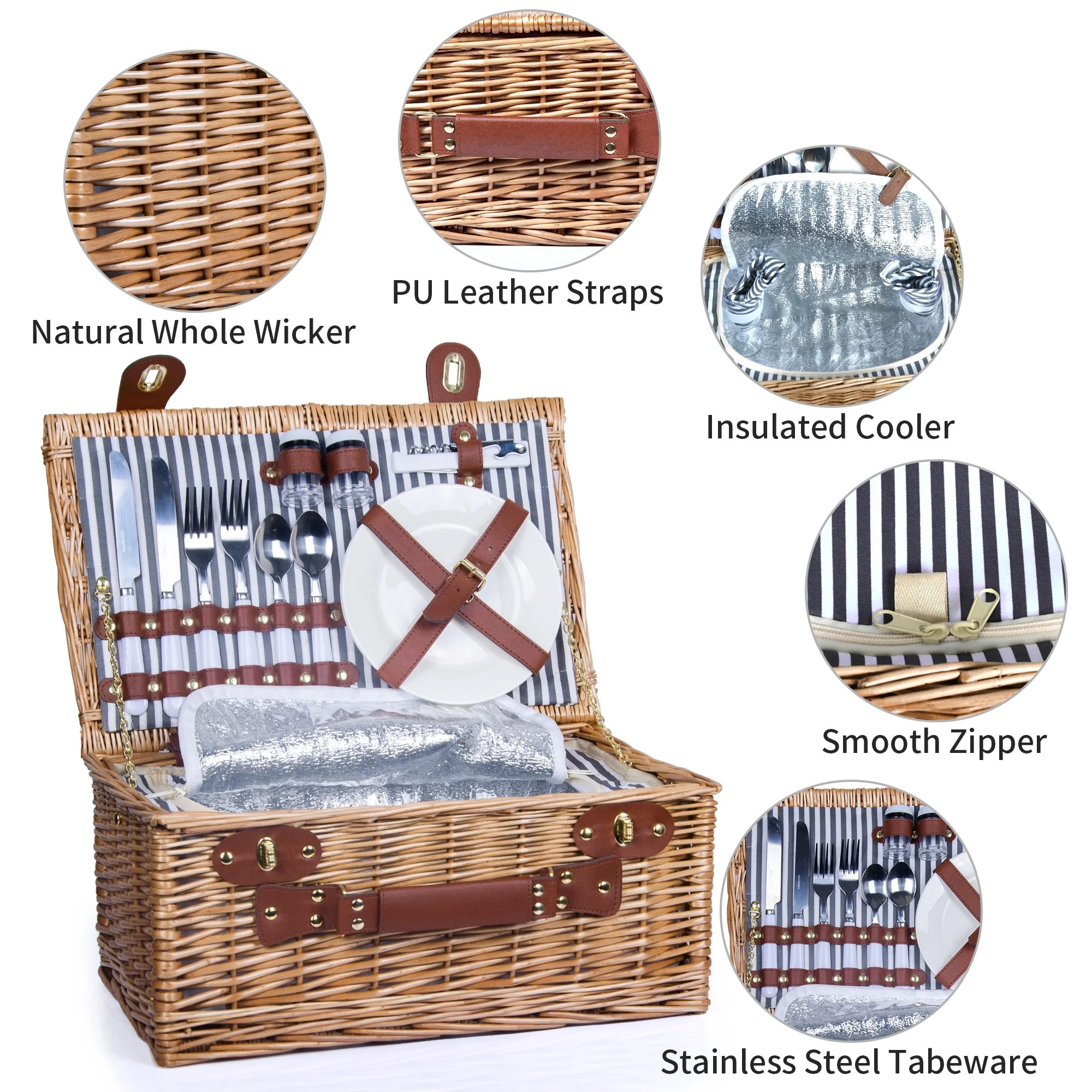 Wicker Picnic Basket Set for 2 Persons Large Willow Hamper with Insulated Cooler Compartment and Cutlery Service Kit, Classic Stripe Grey