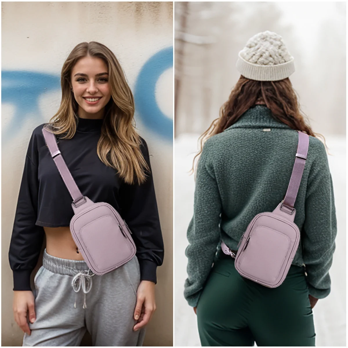 UTO Small Sling Bags for Women PU Leather Crossbody Purse Trendy Chest Bag with Adjustable Shoulder Strap for Travel(Pale Mauve)