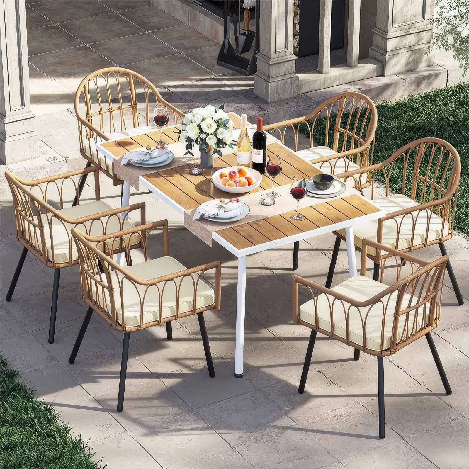 Dextrus 7 Pieces Outdoor Patio Dining Set with 6 Rattan Wicker Dining Chair & Rectangle Table with Umbrella Hole for 6-Person, Beige