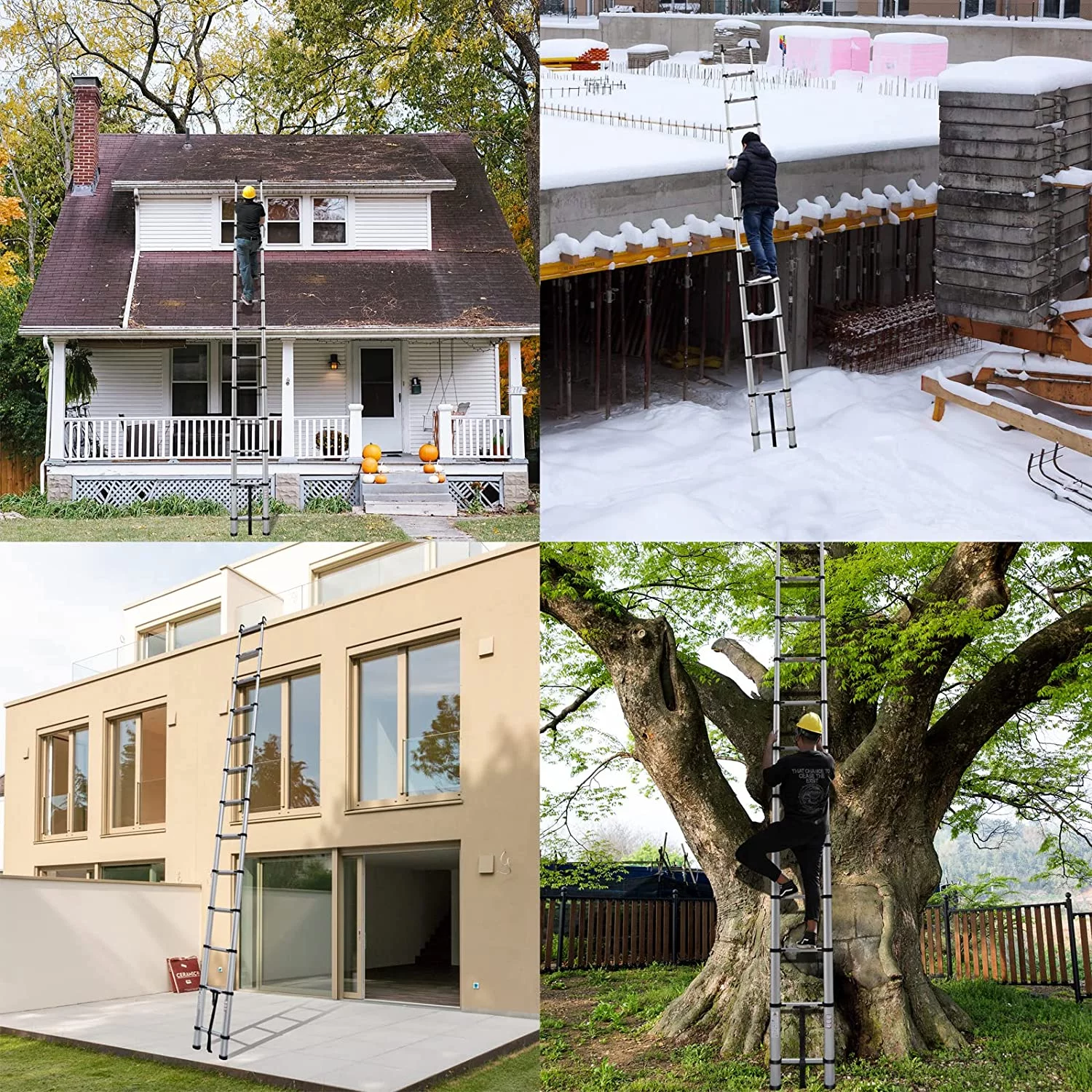 Telescoping Ladder 16FT Aluminum Telescopic Ladder with 2 Detachable Roof Hooks, Roof Ladder Extension Collapsible Ladder for RV, Multi-Purpose Folding Ladder, Outdoor Work Ladder 330lbs Max Capacity