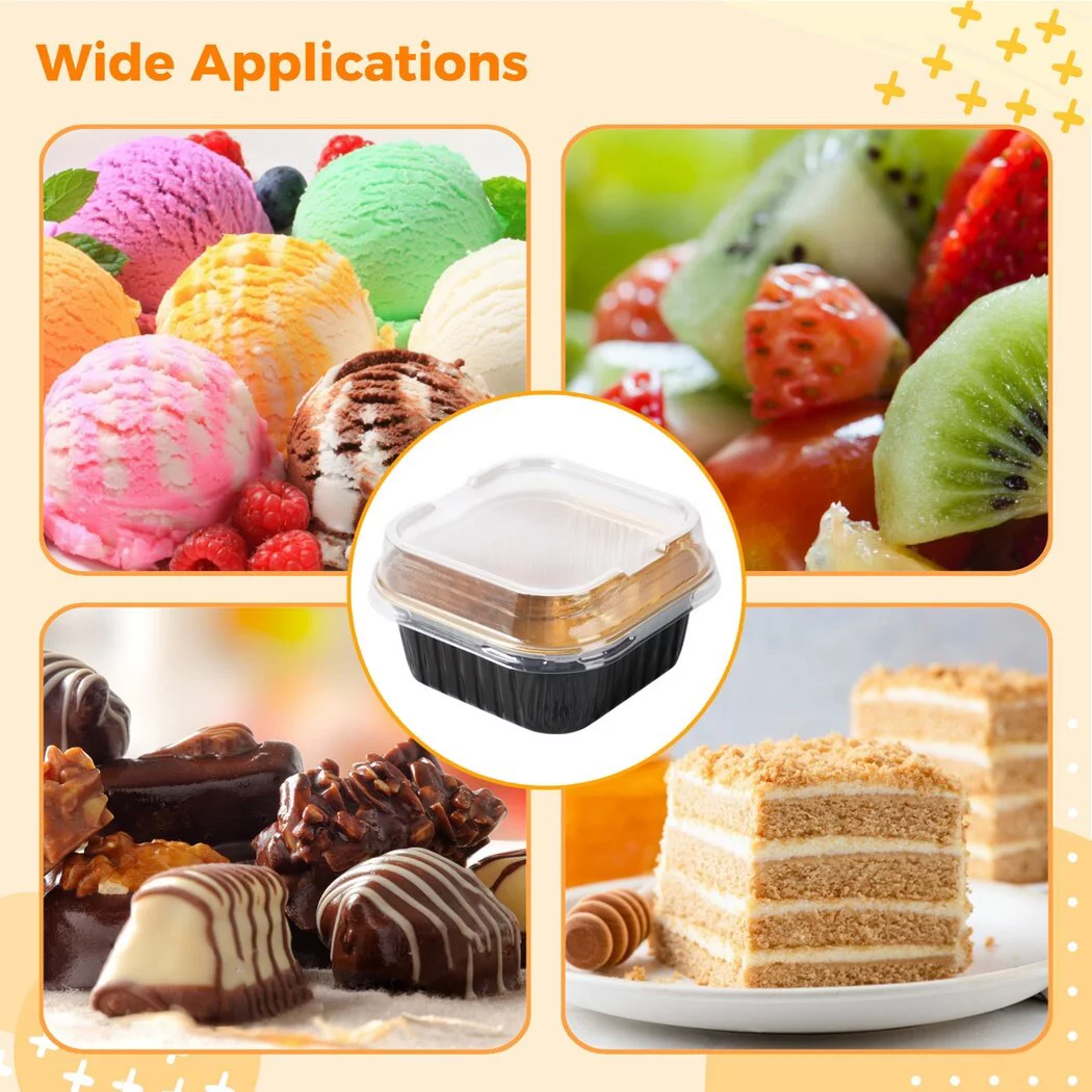 100 PCS Dessert Cups With Lids, Cupcake Liners Aluminum Foil Baking Cup, Disposable Ramekins Muffin Individual Square Cupcake Container, Foil Flan Baking Cups For Party Picnic
