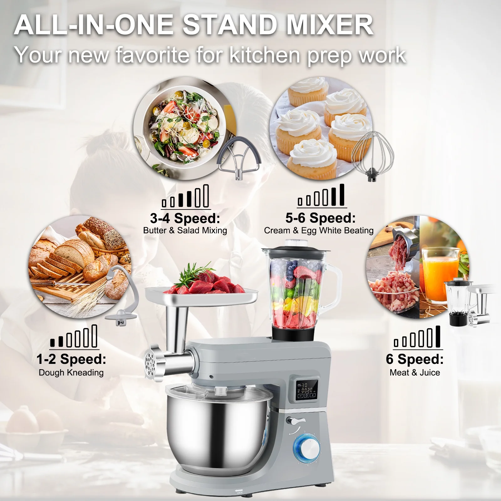 BENTISM 660W Stand Mixer 7.4Qt 6-Speed Tilt-Head Dough Mixer with Grinder Juicer