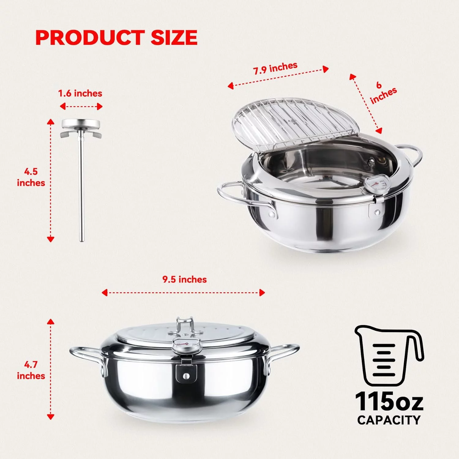 Hawsaiy 9.4 Inch/3.4 L Deep Fryer Pot Janpanese Style Tempura Frying Pot with Lid, 304 Stainless Steel with Temperature Control and Oil Drip Drainer Rack, for Kitchen French Fries, Chicken etc