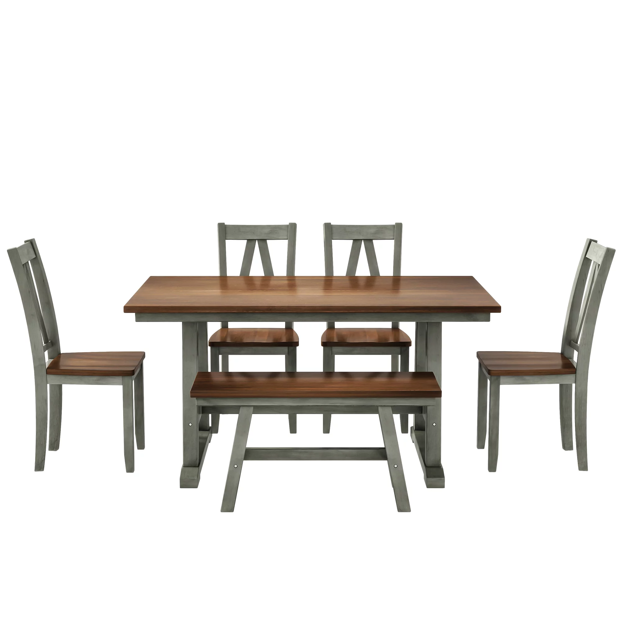 Churanty Wood Farmhouse Dining Table Set for 6 Kitchen Rectangle Table with Long Bench and 4 Dining Chairs, Walnut+Gray