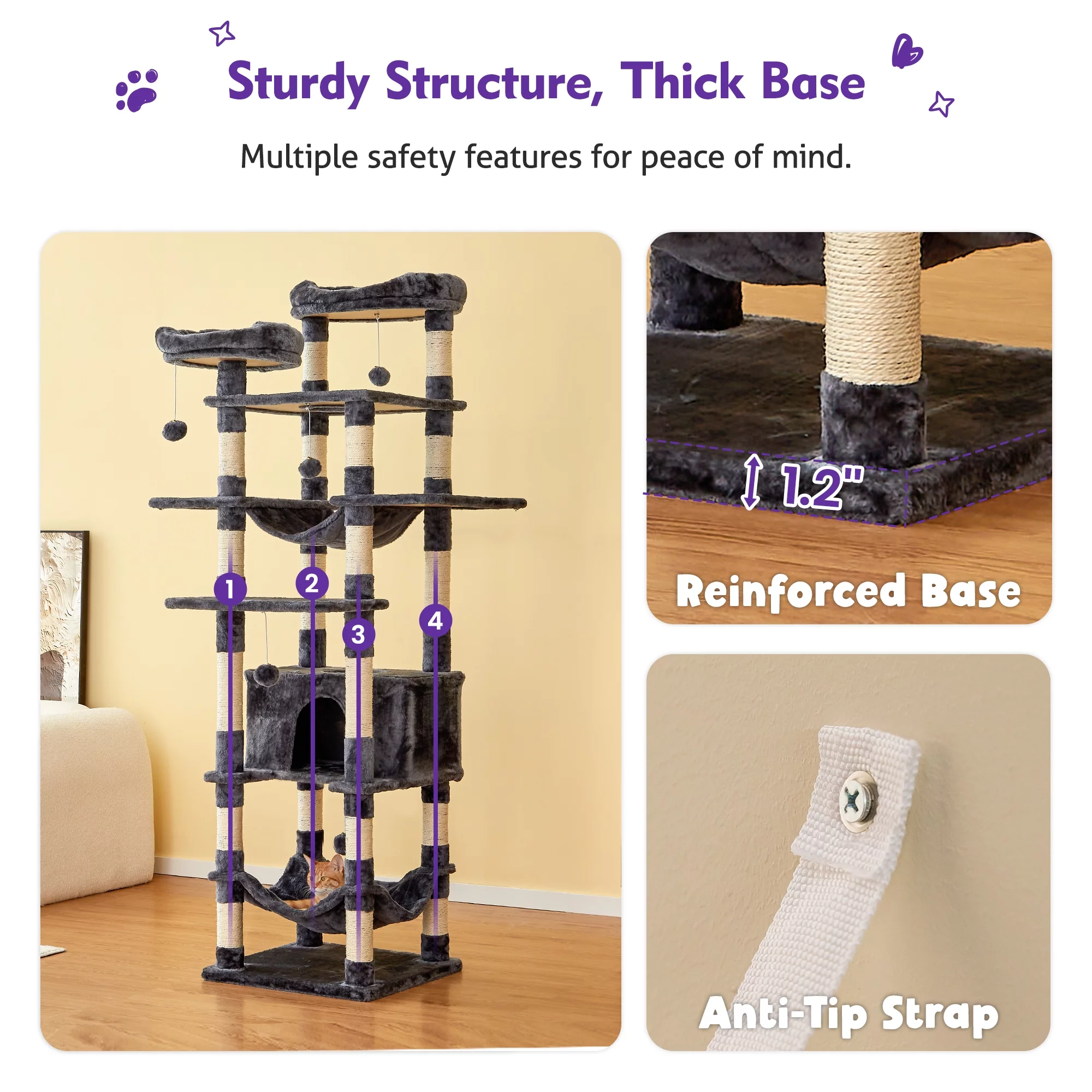 NECOLIKE 73.6'' Cat Tree for Large Cat Tower with Condo, 2 Perches and 2 Hammocks, Dark Gray