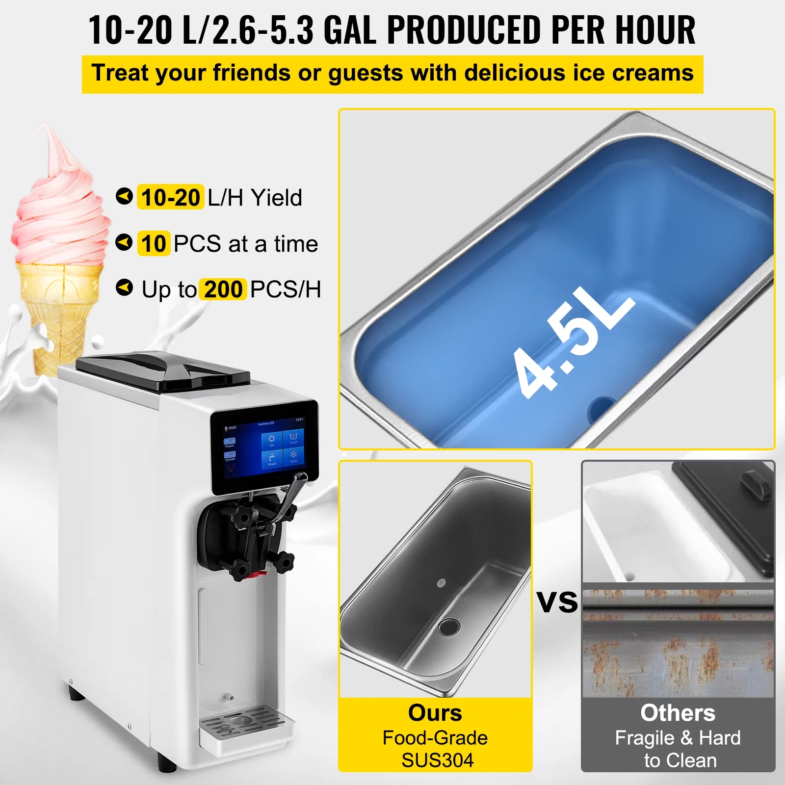 VEVOR Commercial Soft Ice Cream Machine, 3 Flavors Ice Cream Machine, 2.6-5.3 Gal / 10-20 L /H Gelato Machine Commercial, 1000W Countertop Commercial Yogurt Maker Machine, With LED Intelligent Panel