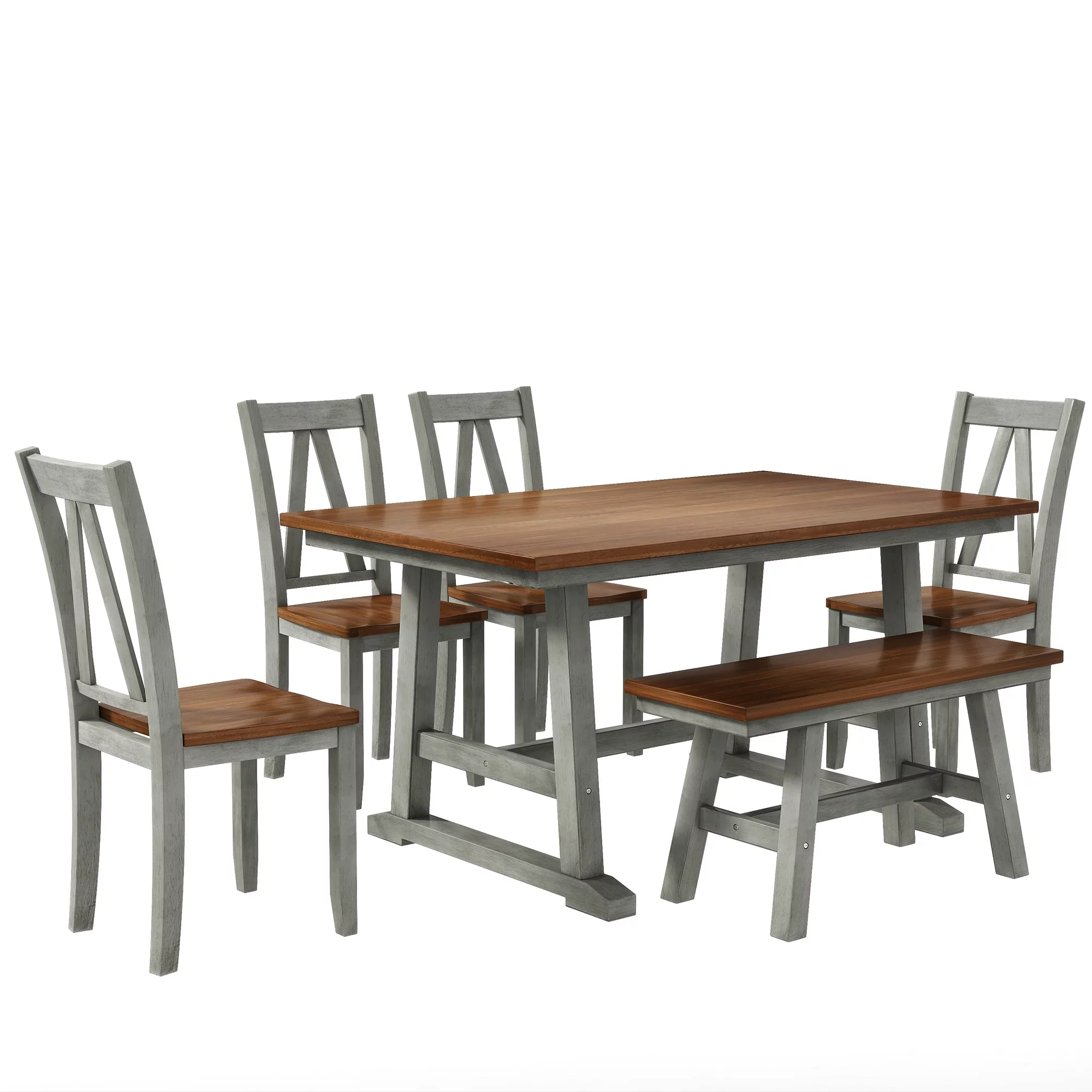 Churanty Wood Farmhouse Dining Table Set for 6 Kitchen Rectangle Table with Long Bench and 4 Dining Chairs, Walnut+Gray