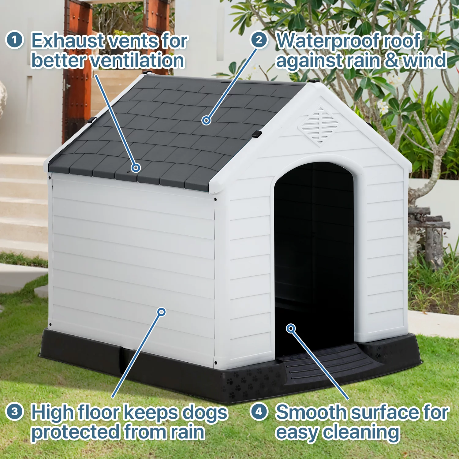 Extra Large Dog House for Large Medium Dogs 41x37.4x39 inch Plastic Water Resistant Dog Houses with Hight Base Support for Winter Tough Durable House with Air Vents Elevated Floor, Grey