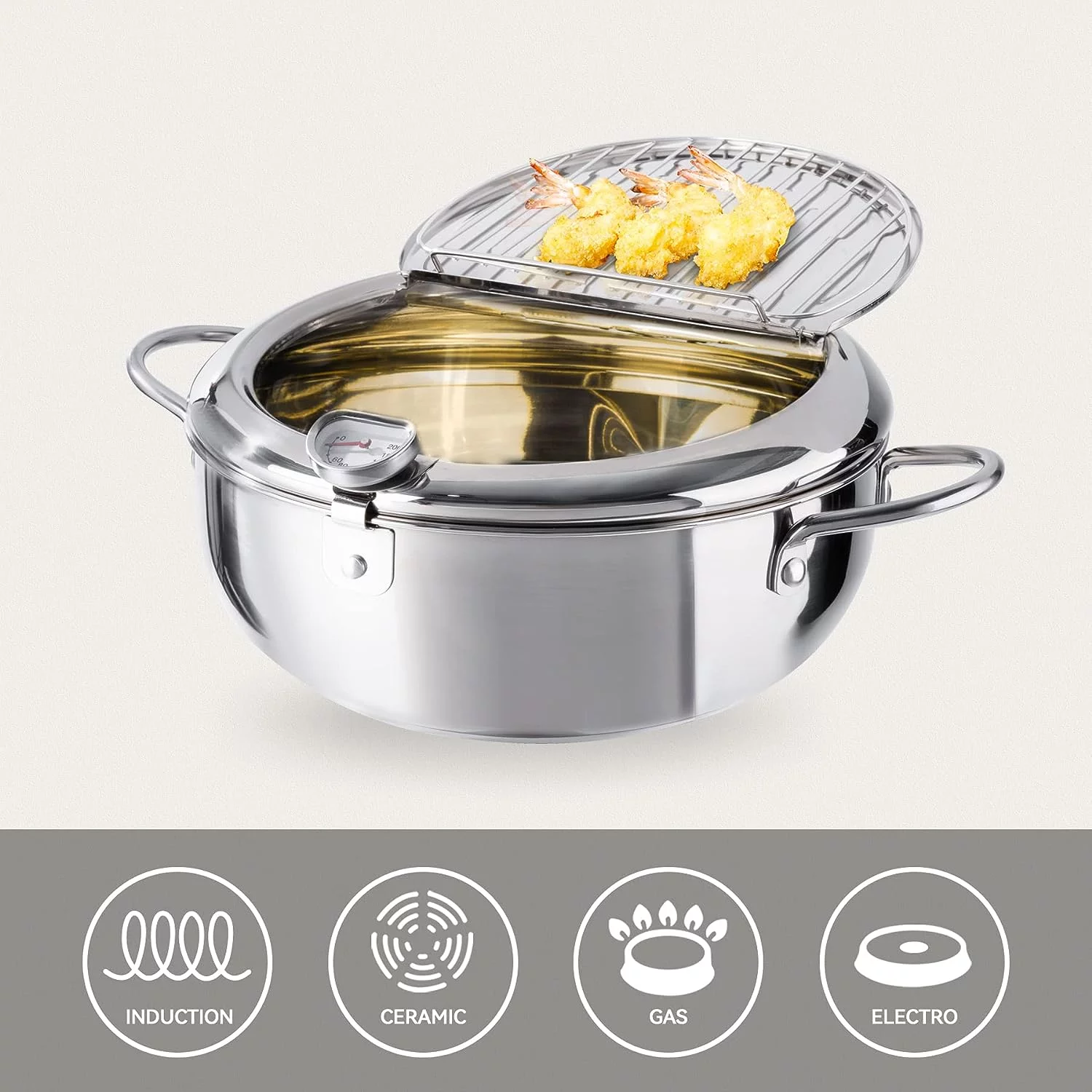 Hawsaiy 9.4 Inch/3.4 L Deep Fryer Pot Janpanese Style Tempura Frying Pot with Lid, 304 Stainless Steel with Temperature Control and Oil Drip Drainer Rack, for Kitchen French Fries, Chicken etc