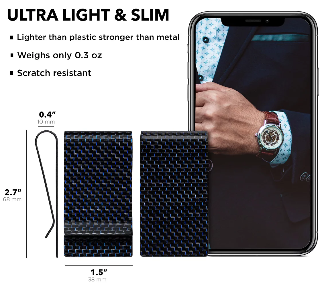 Serman Brands Carbon Fiber Money Clip | Sleek and Stylish | Front Pocket Slim Clip | Convenient Quick Access for Men | Diamond Blue