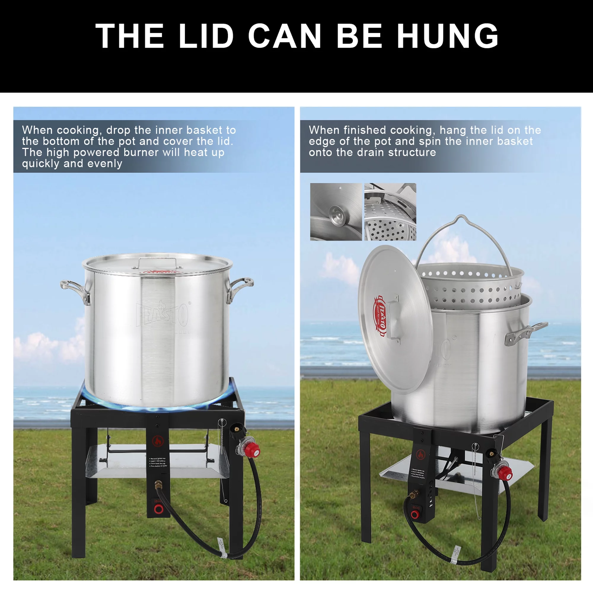 FEASTO 80 QT Seafood Boil Pot Kit with Basket and Electronic Ignitor,100,000 BTU Propane Burner