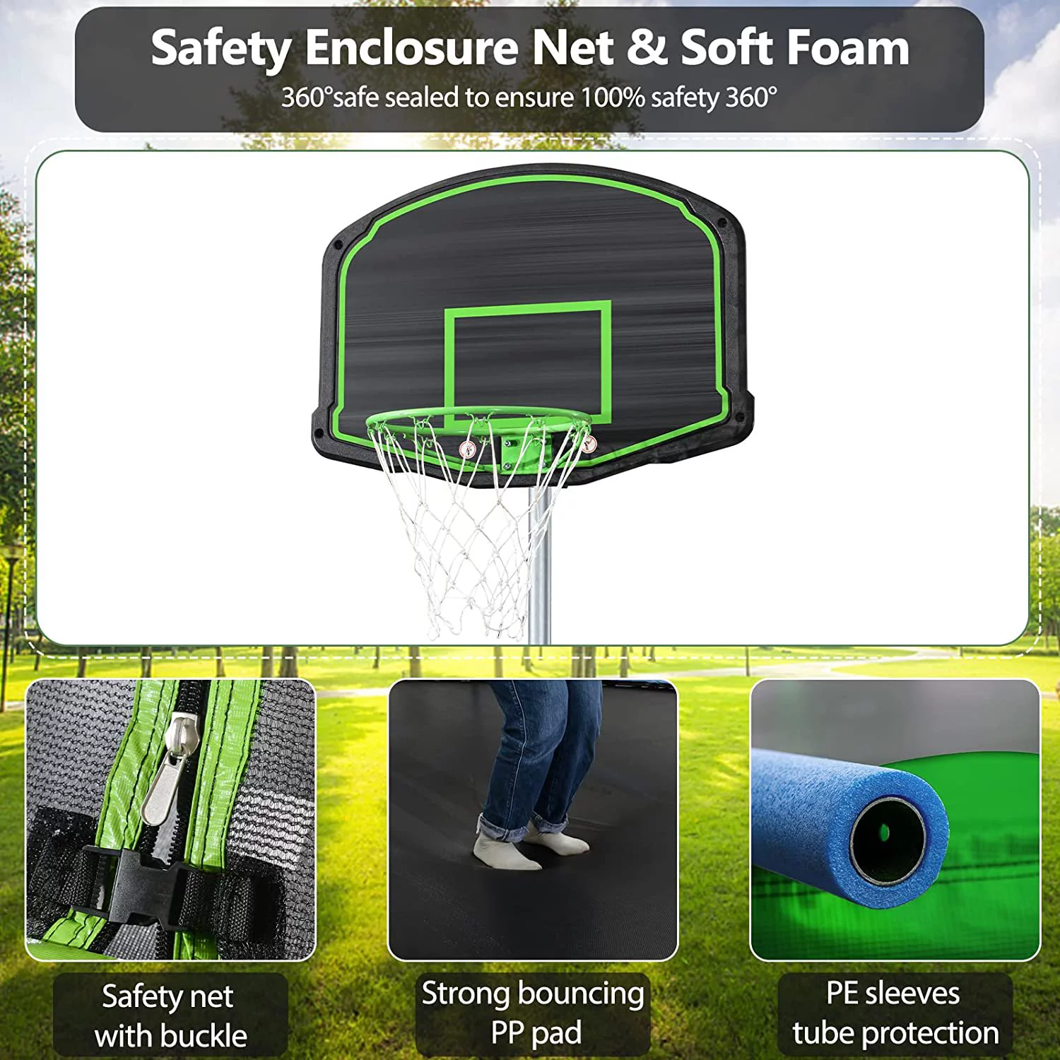 LISUEYNE 14FT Trampoline with Enlosure,Recreational Trampoline with Slide and Swing,Basketball Hoop,Ladder,Outdoor Fitness Trampoline,1200lbs Weight Capacity