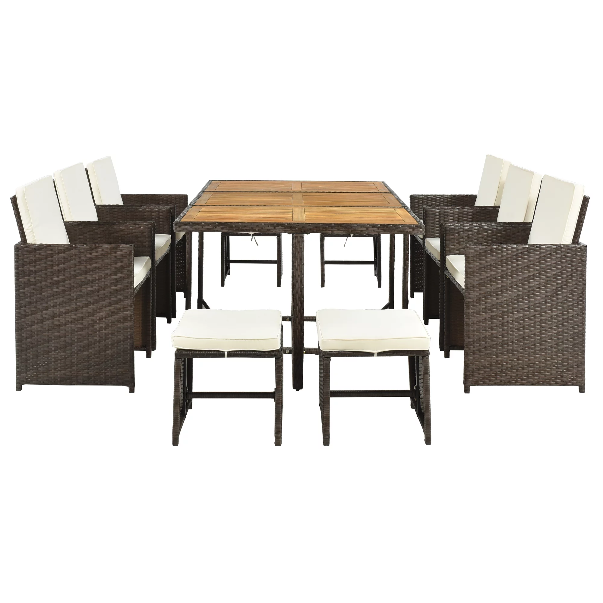 Euroco 11 Pieces Patio Dining Table Set All-Weather PE Wicker Table Set for 10 Persons, Brown Rattan & Beige Cushion