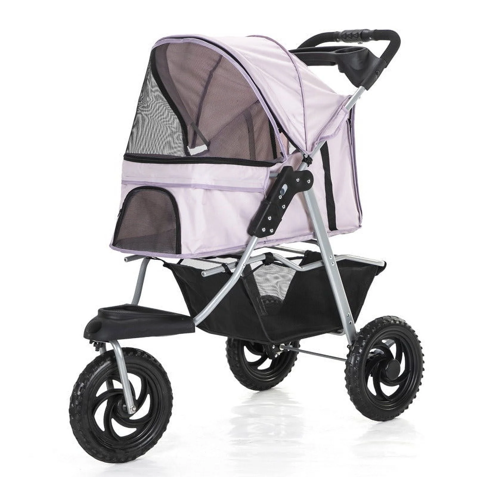 Three Wheel Folding Pet Stroller, Dog Jogger Travel Cats Carrier Adjustable Canopy Storage Brake Mesh Window - Black