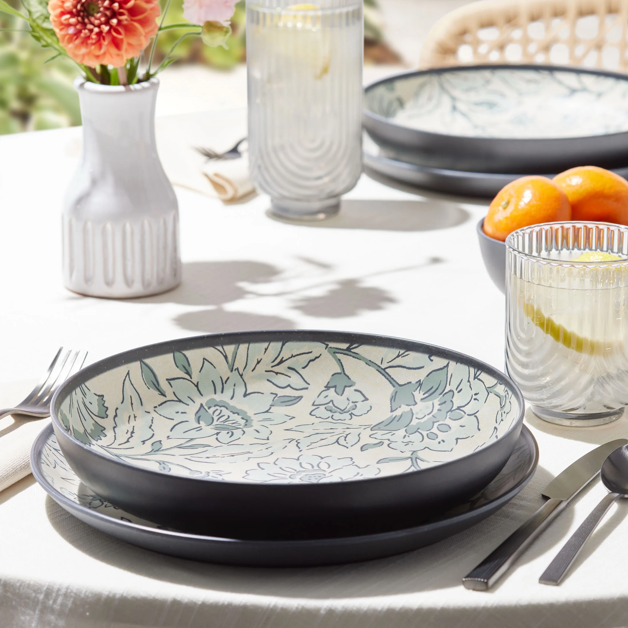 Better Homes & Garden 12-Pack Bamboo Melamine Dinnerware Set, Botanical and Linen Print